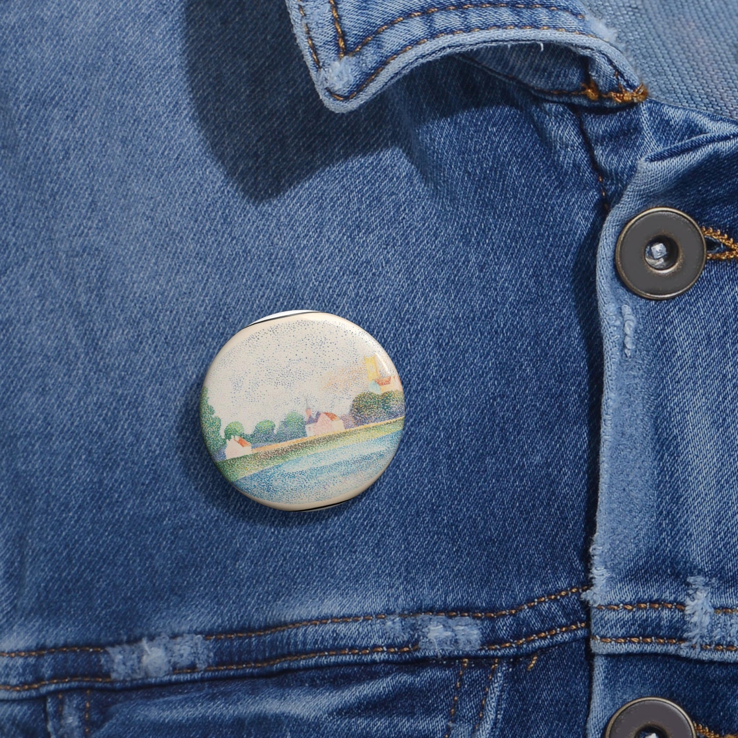 Morning on the Marne at Meaux - Drawing. Public domain image. Pin Buttons with Crisp Design