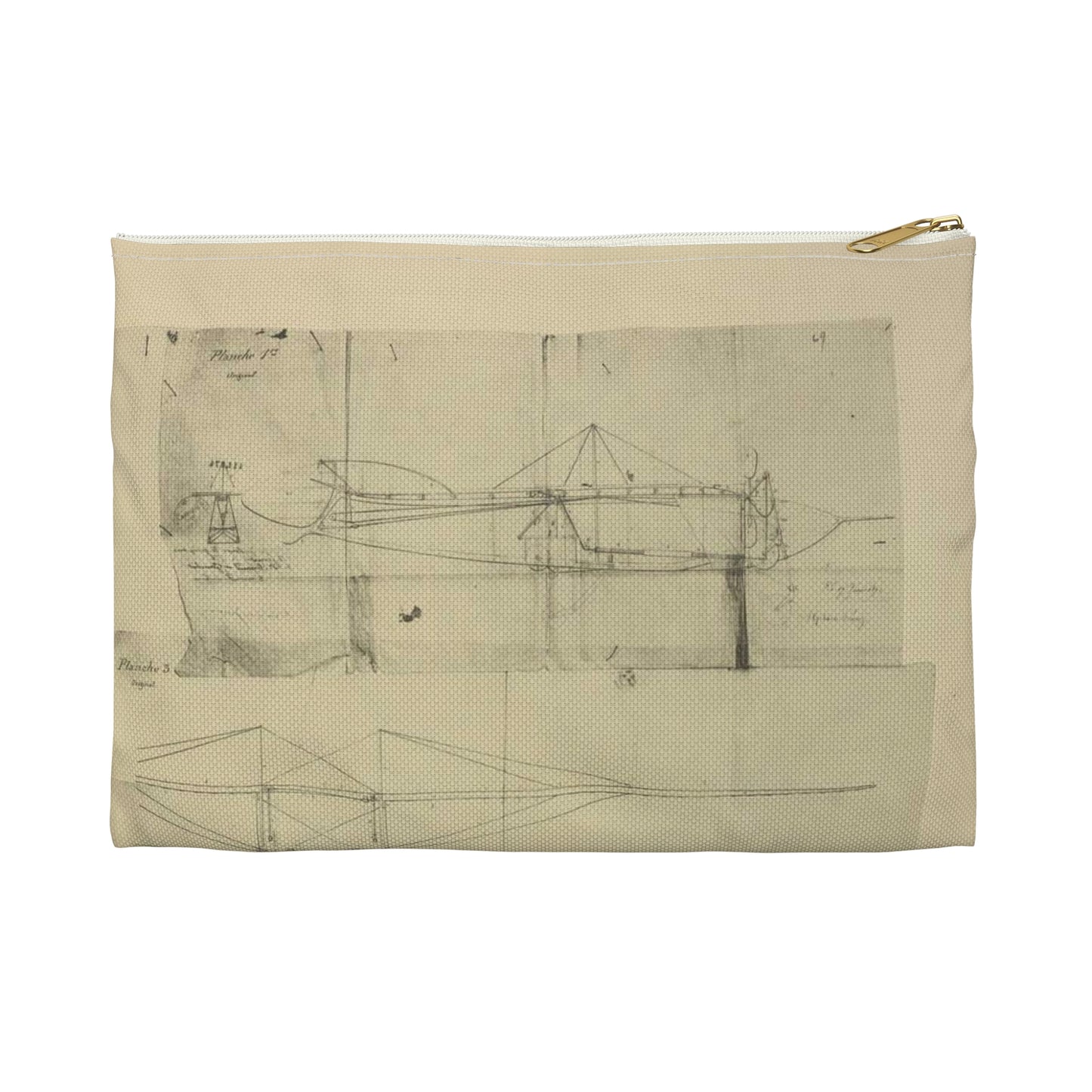 Patent drawing - Planche I et II du brevet n° 111.574 pris en France le 16 février 1876, par Penaud et Gauchot, pour «Un aéro-plane ou appareil aérien volant». Public domain  image Large Organizer Pouch with Black Zipper