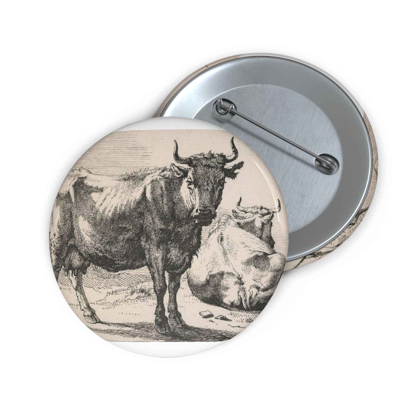 Series of various oxen and cows ('Het Bullenboekje'). Plate 2. A cow standing and another lying down. Pin Buttons with Crisp Design