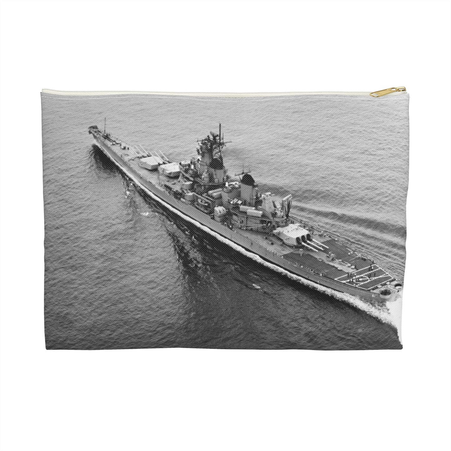 An elevated port quarter view of the battleship USS IOWA (BB 61) underway during sea trials Large Organizer Pouch with Black Zipper