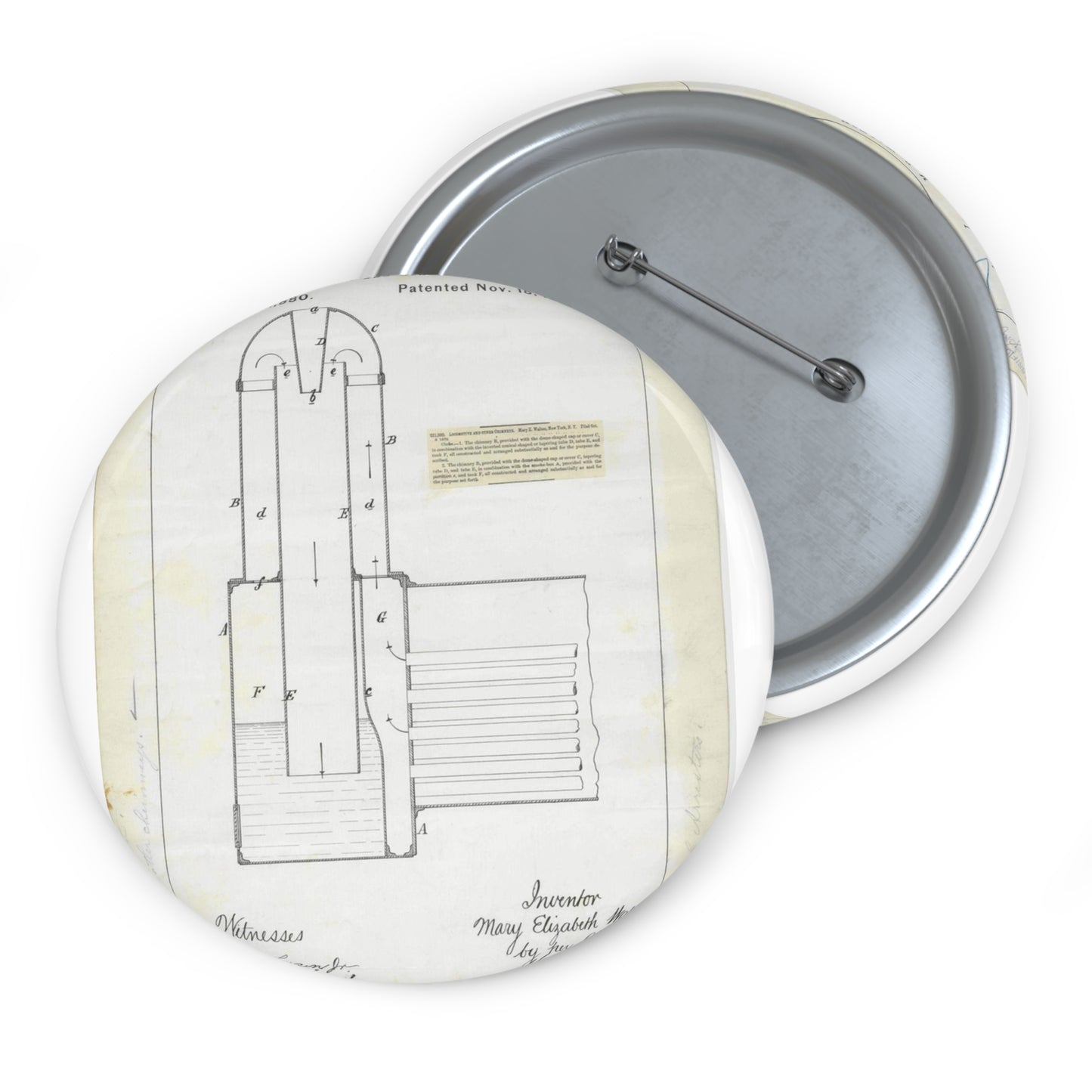 Patent Drawing of Engine - for M. E. Walton's Locomotive and Other Chimneys Public domain  image Pin Buttons with Crisp Design