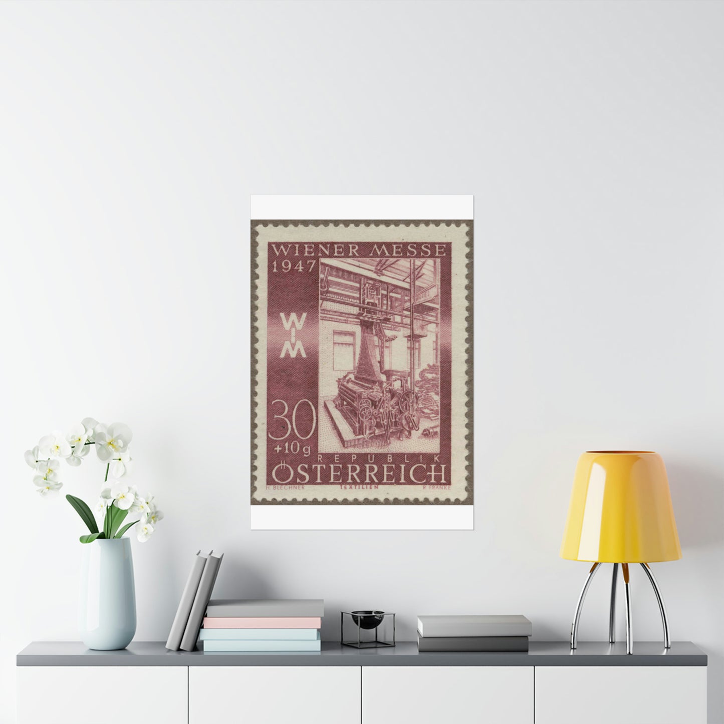 Frimärke ur Gösta Bodmans filatelistiska motivsamling, påbörjad 1950.Frimärke från Österrike, 1947. Motiv av jacquardvävstol i Österrike 1947. "Wienermässan 1947" High Quality Matte Wall Art Poster for Home, Office, Classroom