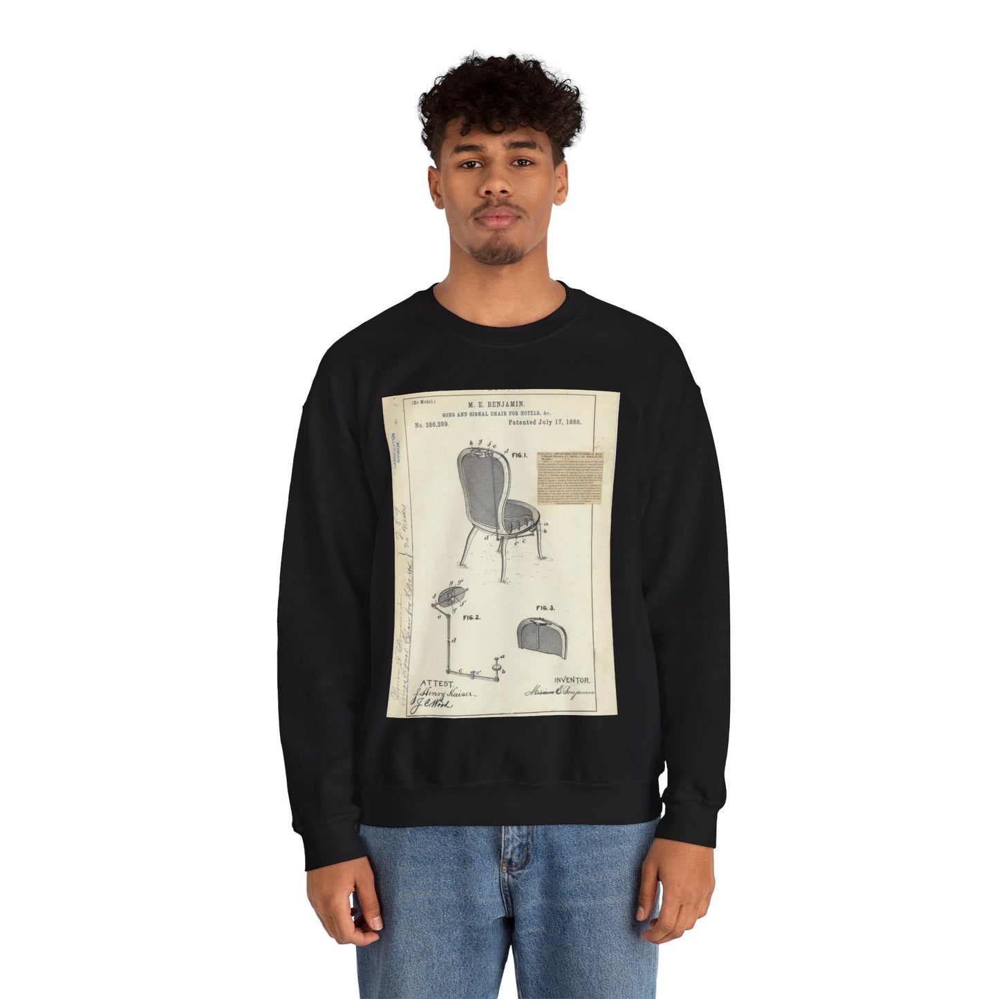 Patent drawing - for M. E. Benjamin's Gong and Signal Chair for Hotels Public domain  image Black Heavy Blend Adult Crew Neck SweatShirt