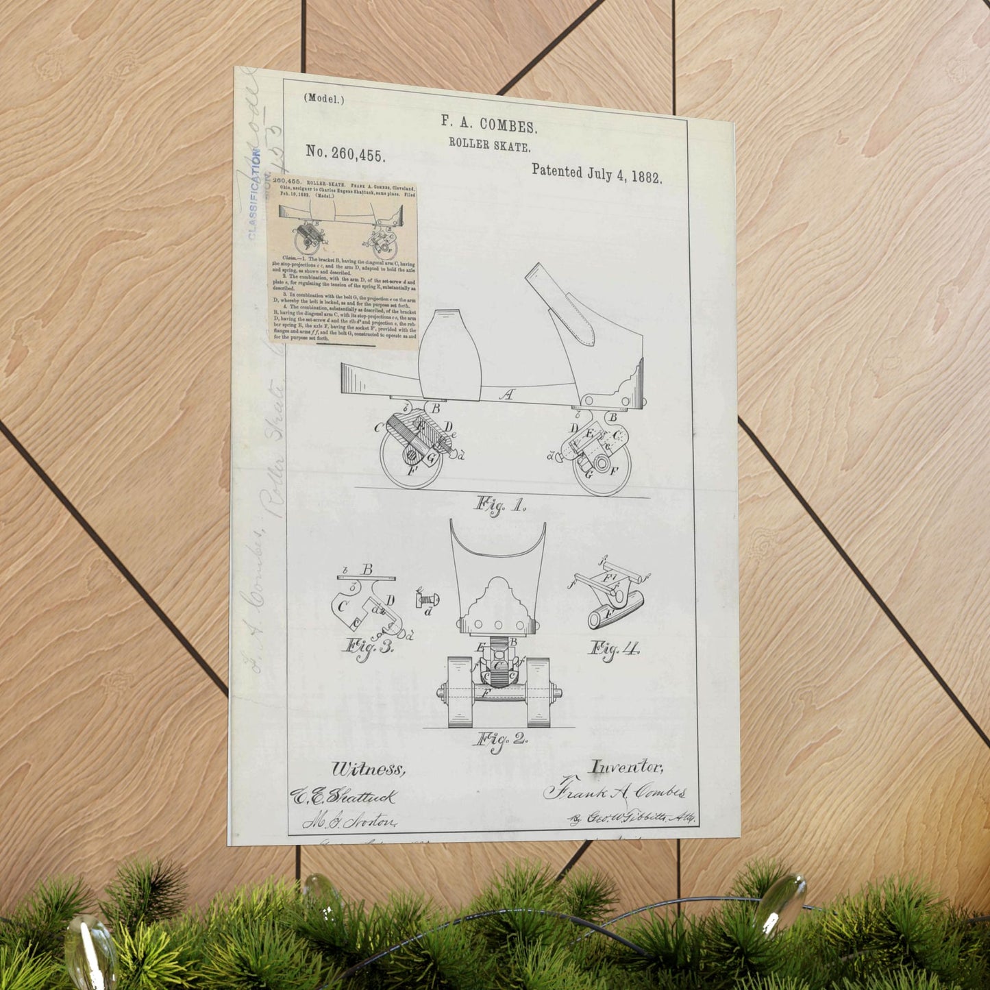 Patent drawing - for F. A. Combes' Roller Skate Public domain  image High Quality Matte Wall Art Poster for Home, Office, Classroom