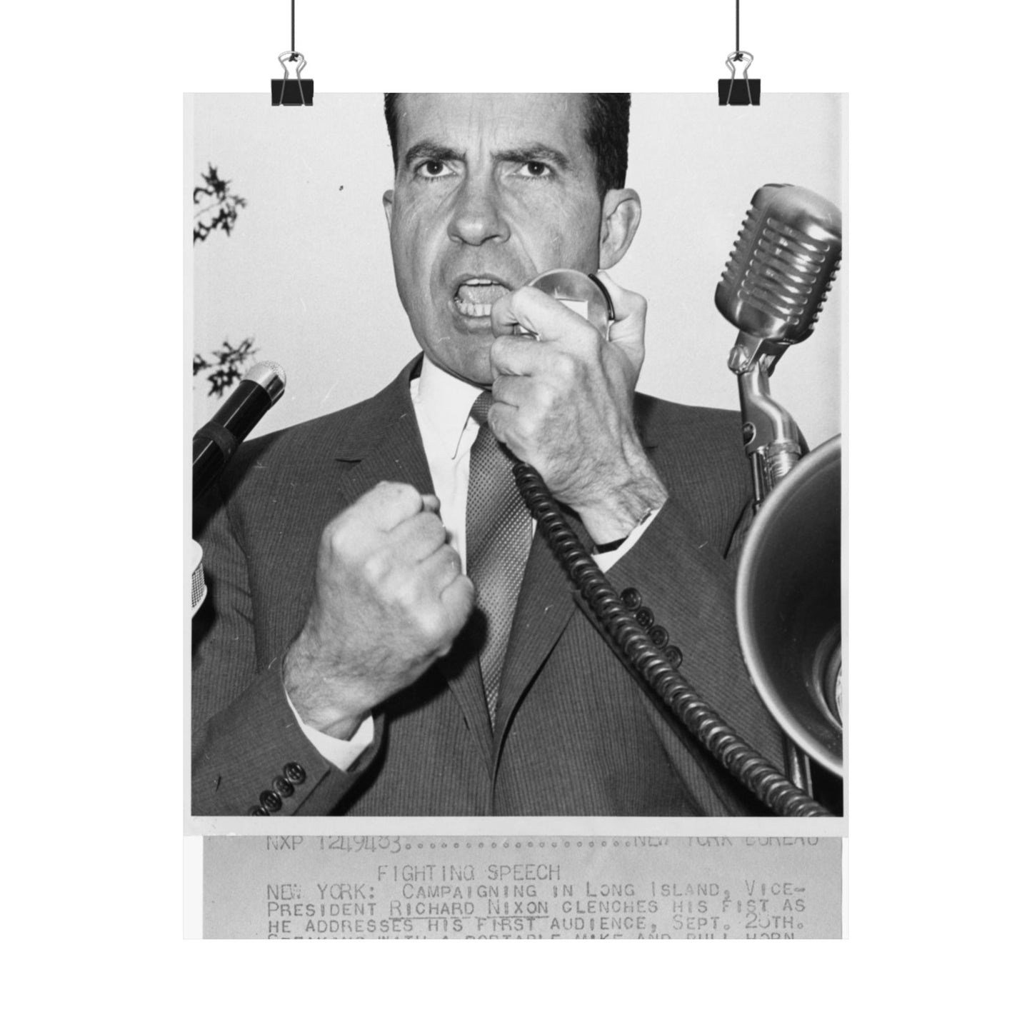 Richard Nixon clinches his fist as he addresses his first audience in Long Island, New York High Quality Matte Wall Art Poster for Home, Office, Classroom