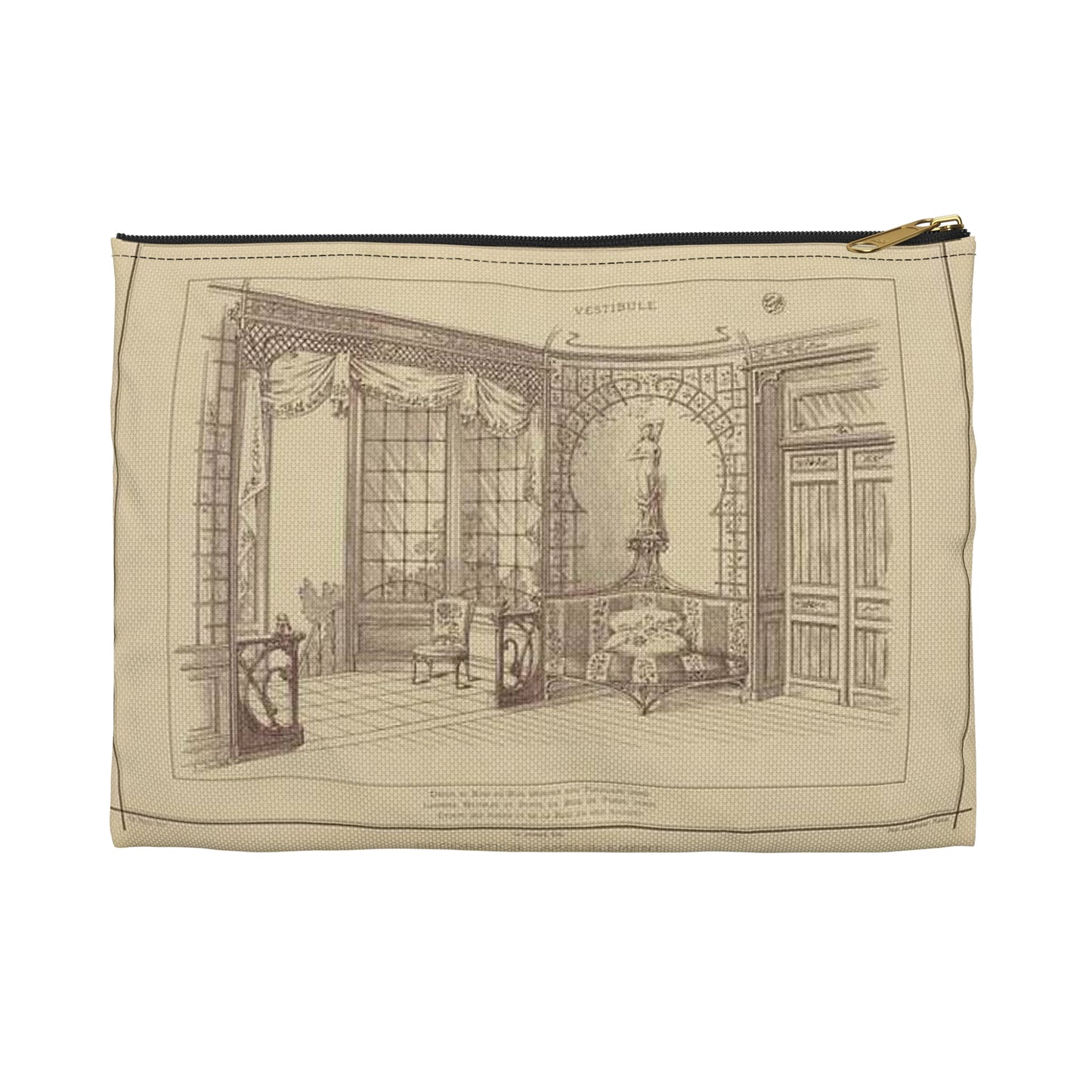 Vestibule : décor de baie en bois découpé sur treillage doré. Lambris, meubles et porte en bois de frêne verni. Etoffe des sièges et de la baie en soie brochée. Large Organizer Pouch with Black Zipper