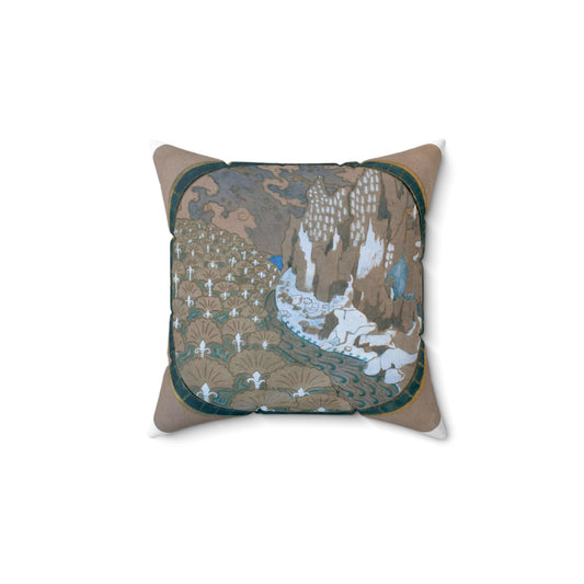 EliseuVisconti-A838-Paisagem rochosa estilizada – Email cloisonné – Estudo para Marchetaria Decorative Accent Square Pillow