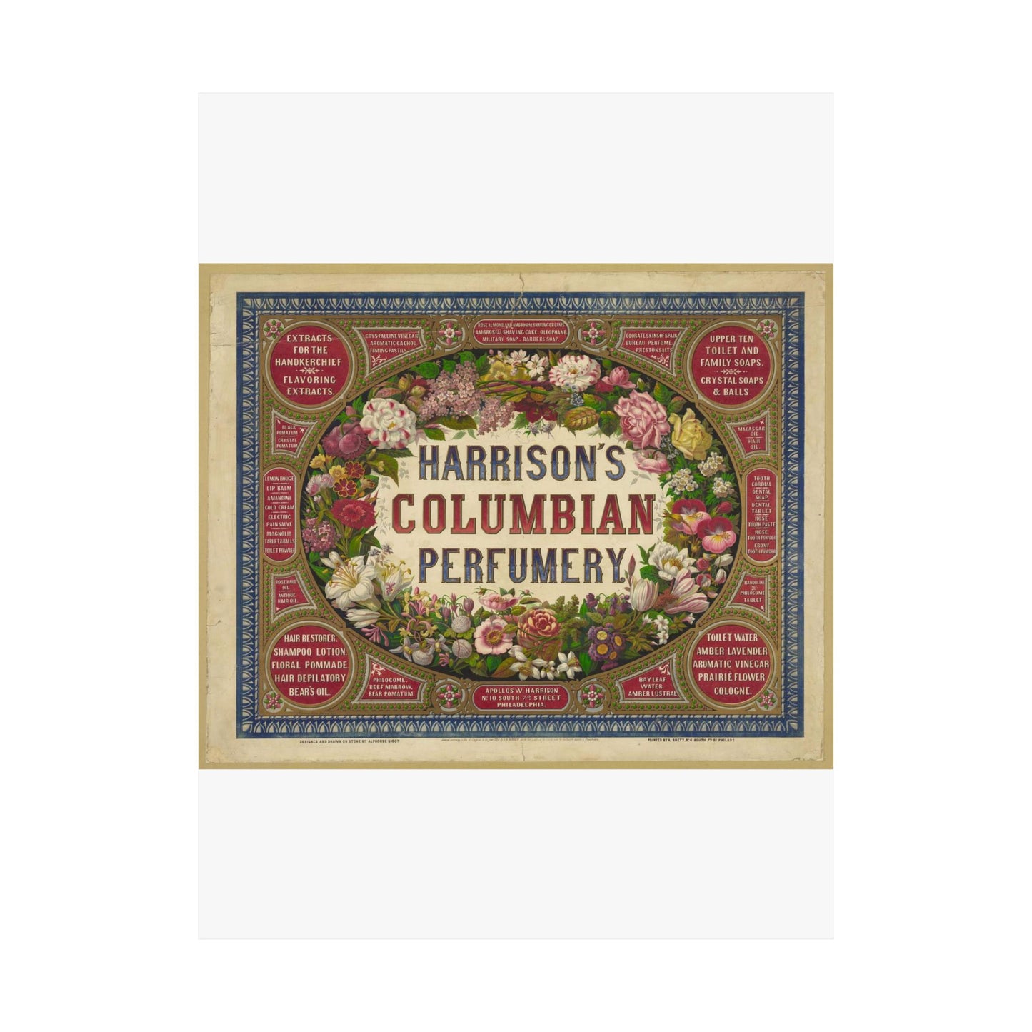 Harrison's Columbian perfumery / Designed and drawn on stone by Alphonse Bigot. High Quality Matte Wall Art Poster for Home, Office, Classroom