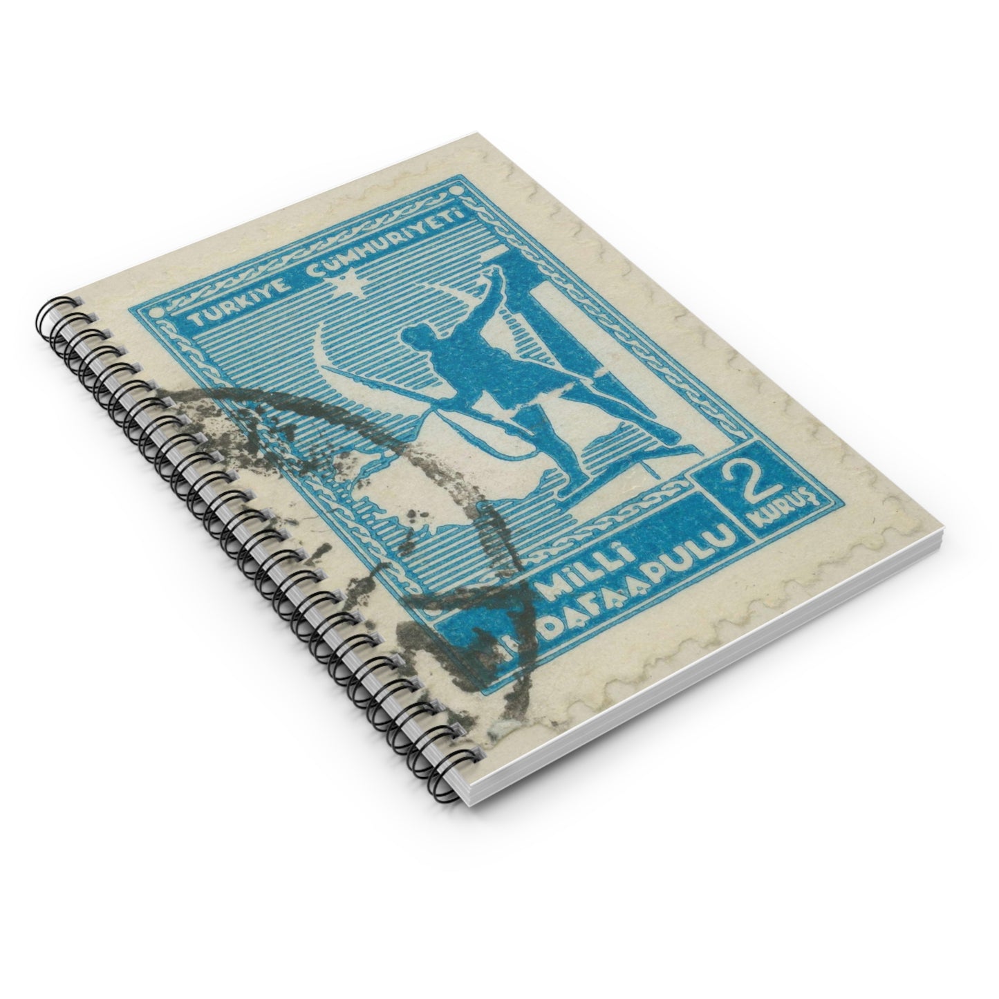 Frimärke ur Gösta Bodmans filatelistiska motivsamling, påbörjad 1950.Frimärke från Turkiet, 1941. Motiv av soldat framför Turkiets karta. Spiral Bound Ruled Notebook with Printed Cover