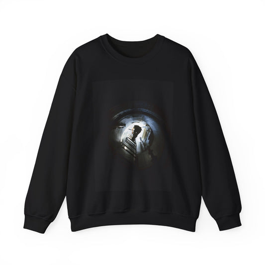 A 44th Field Missile Maintenance Squadron maintenance technician climbs down a ladder into a Minuteman missile support facility Black Heavy Blend Adult Crew Neck SweatShirt