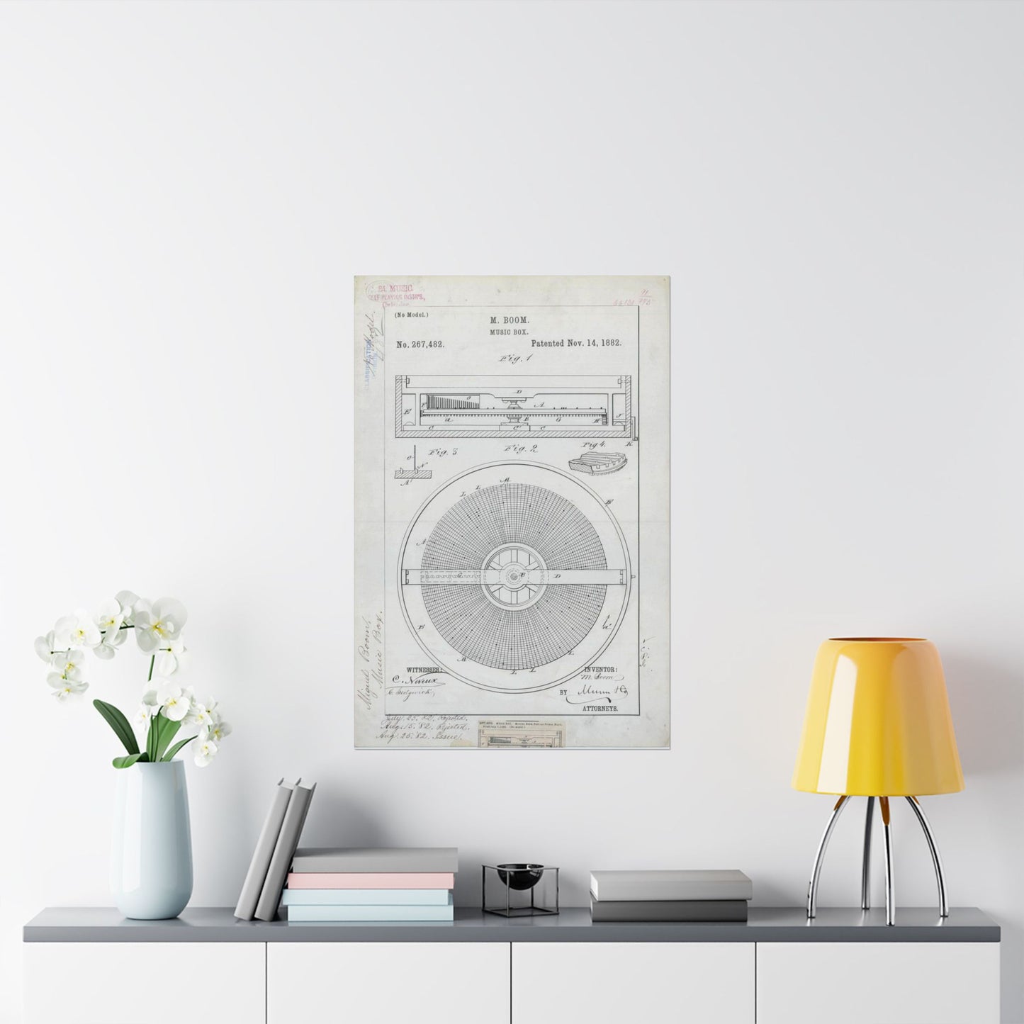 Patent Drawing of Engine - for M. Boom's Music Box Public domain  image High Quality Matte Wall Art Poster for Home, Office, Classroom