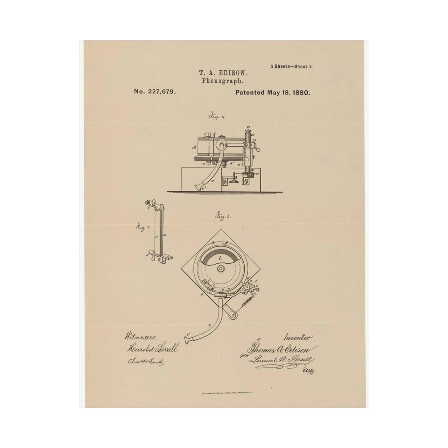 Patent Drawing of Engine - Drawing for a Phonograph Public domain  image High Quality Matte Wall Art Poster for Home, Office, Classroom