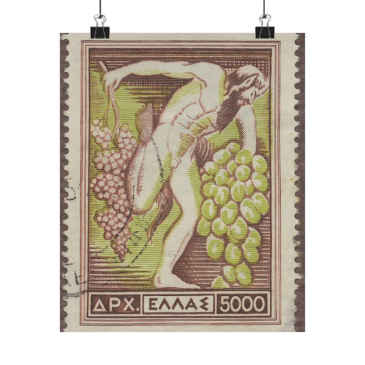 Frimärke ur Gösta Bodmans filatelistiska motivsamling, påbörjad 1950.Frimärke från Grekland, 1953. Motiv av Bacchus med vindruvsklasar. High Quality Matte Wall Art Poster for Home, Office, Classroom