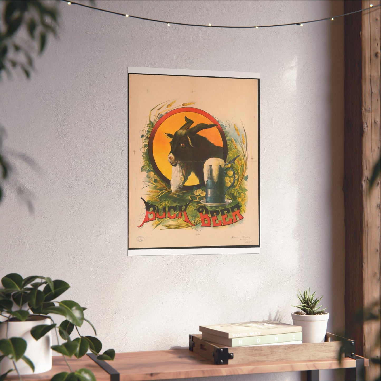 Bock Beer, the head of a goat inside an oval, with a stein of beer sitting on a bed of hops, underneath the oval High Quality Matte Wall Art Poster for Home, Office, Classroom