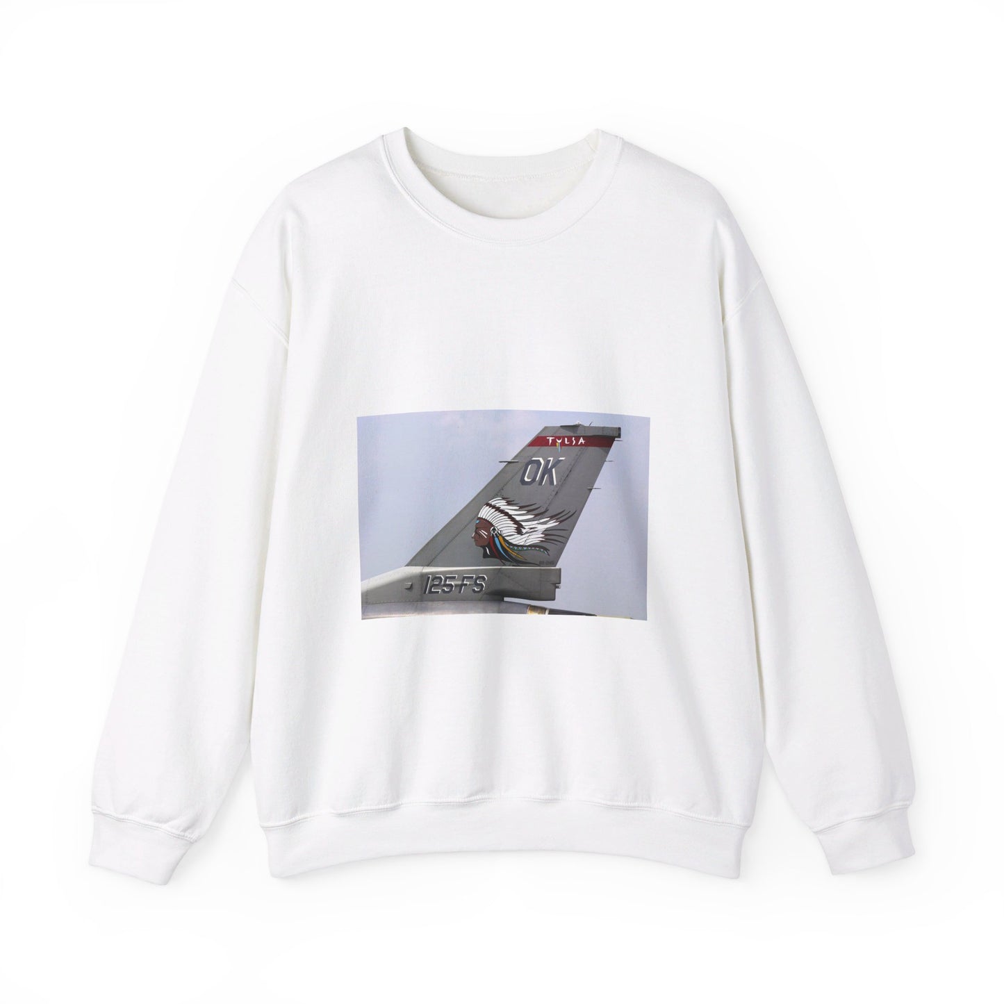 The tail flash of a F-16 Fighting Falcon aircraft from the 125th Fighter Squadron (FS), 138th Fighter Wing (FW), Oklahoma (OK), Air National Guard (ANG) White Heavy Blend Adult Crew Neck SweatShirt