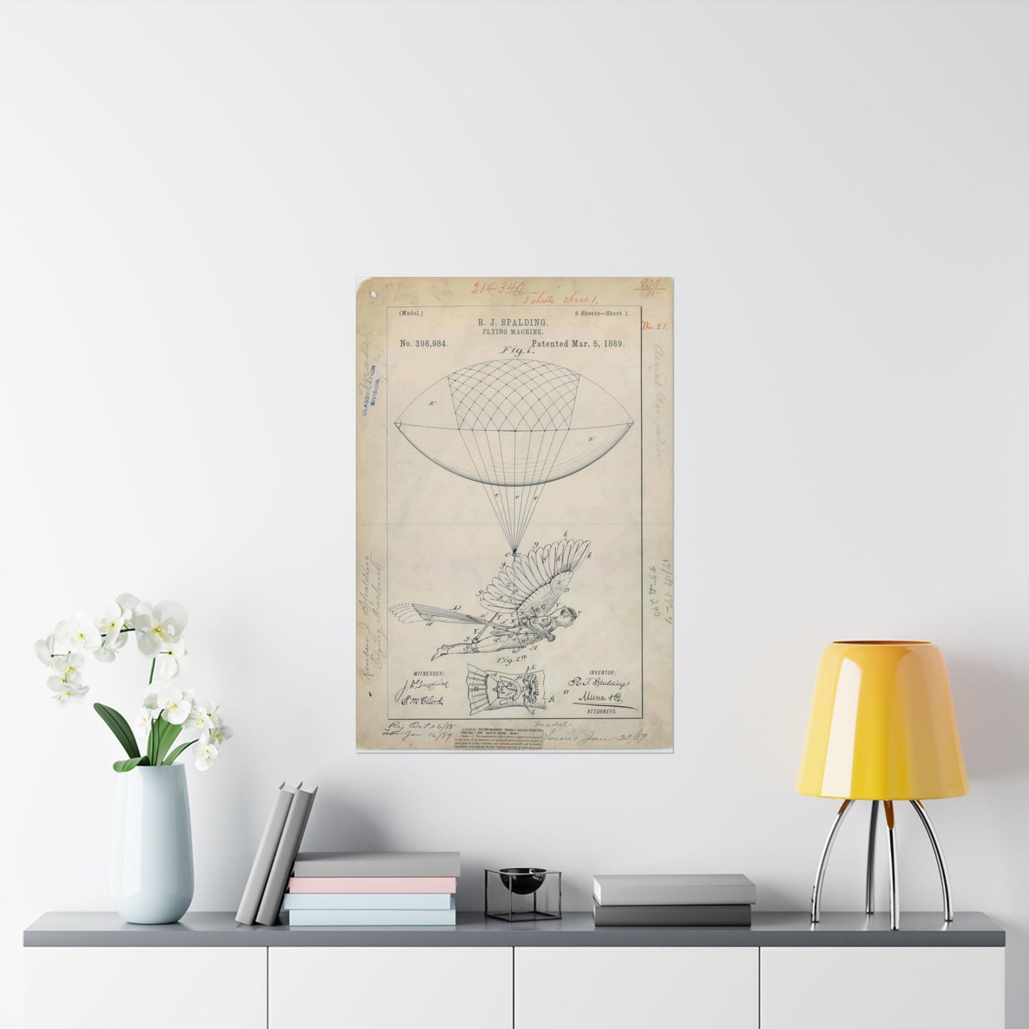 Patent drawing - for R. J. Spalding's Flying Machine Public domain  image High Quality Matte Wall Art Poster for Home, Office, Classroom