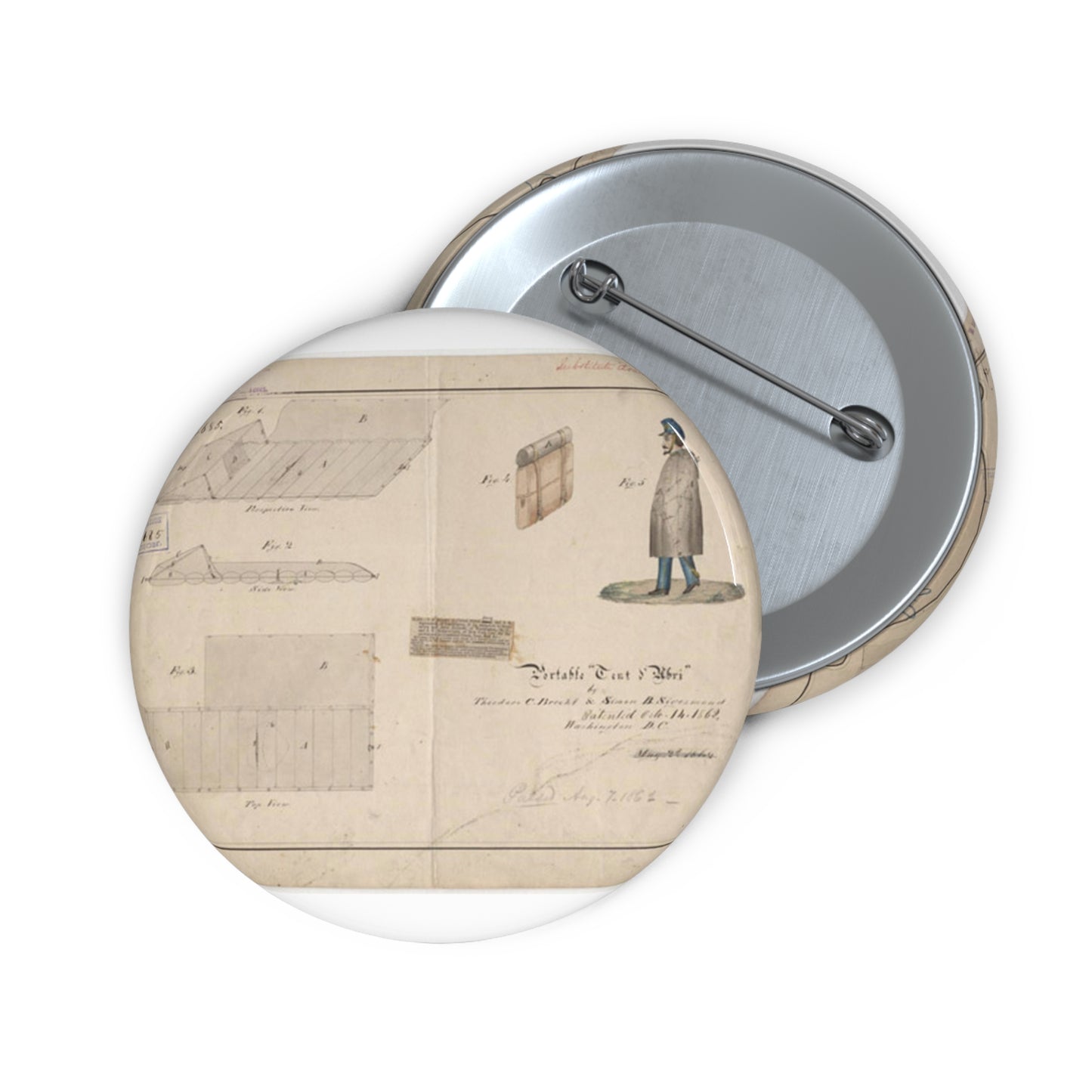 Patent drawing - Drawing of Portable Tent and Abri Public domain  image Pin Buttons with Crisp Design