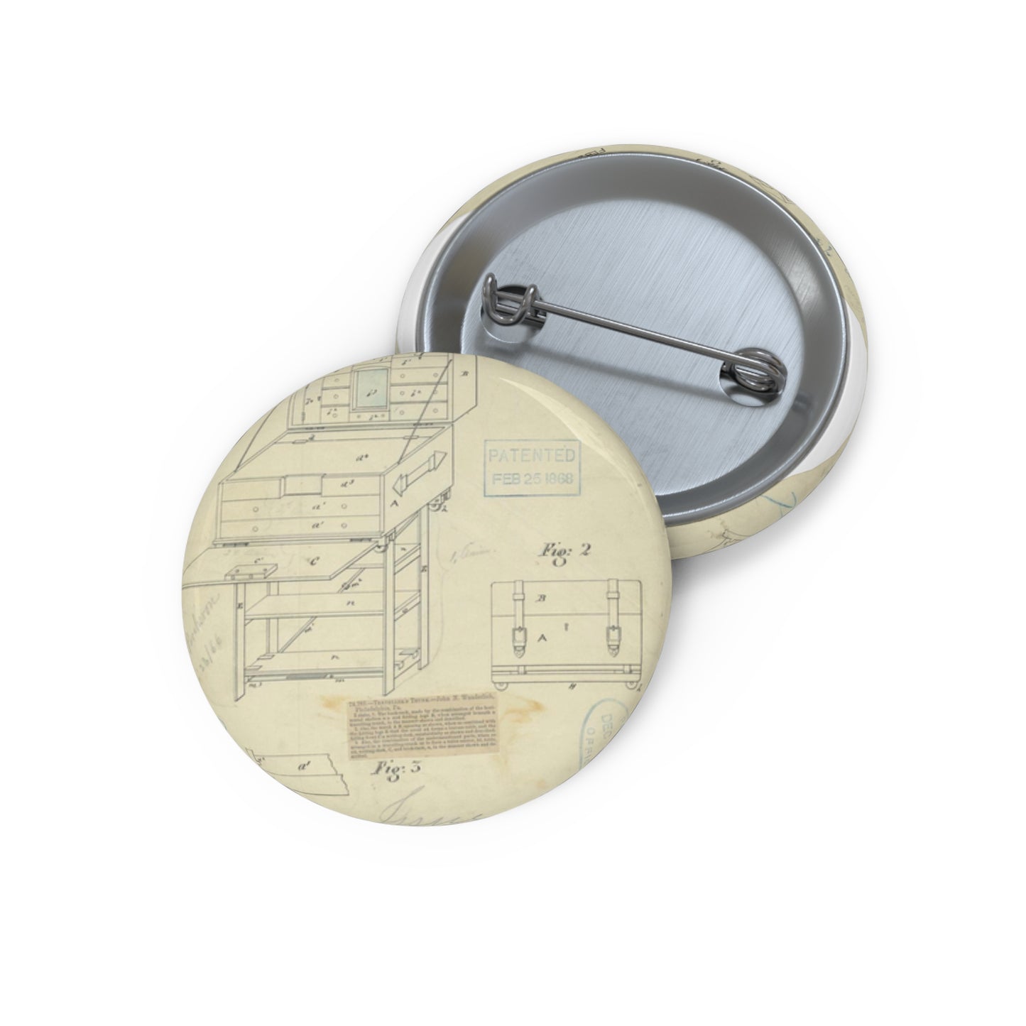 Patent Drawing of Engine - Drawing of a Travelers Trunk Public domain  image Pin Buttons with Crisp Design