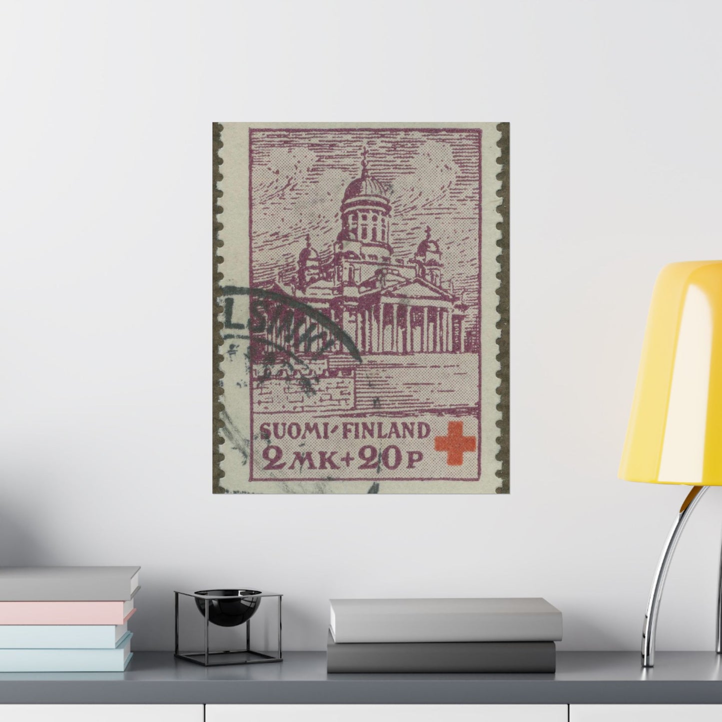 Frimärke ur Gösta Bodmans filatelistiska motivsamling, påbörjad 1950.Frimärke från Finland 1932. Motiv av St. Nicolaus Katedralen i Helsningfors. High Quality Matte Wall Art Poster for Home, Office, Classroom