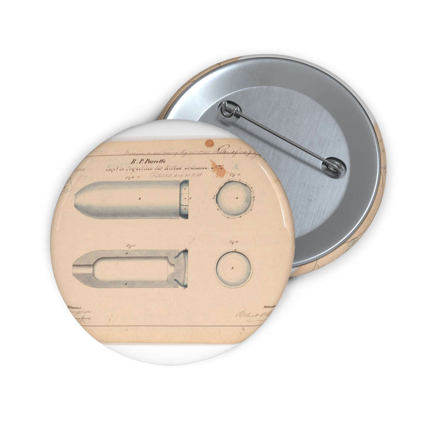 Patent drawing - Drawing of Improvement in Projectiles for Rifled Ordnance Public domain  image Pin Buttons with Crisp Design