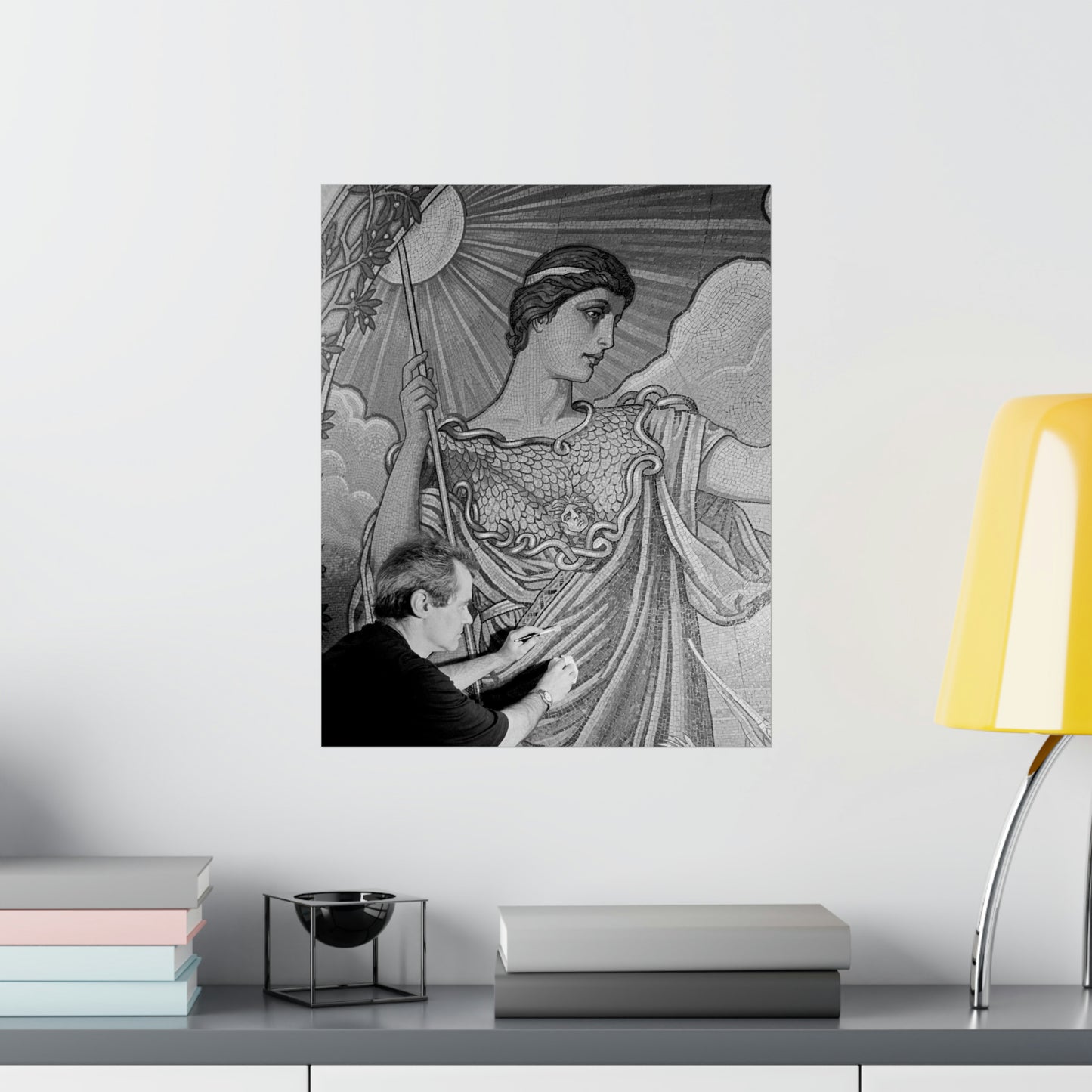 Cleaning the Minerva figure at the Library of Congress's Thomas Jefferson Building, Washington, D.C. High Quality Matte Wall Art Poster for Home, Office, Classroom