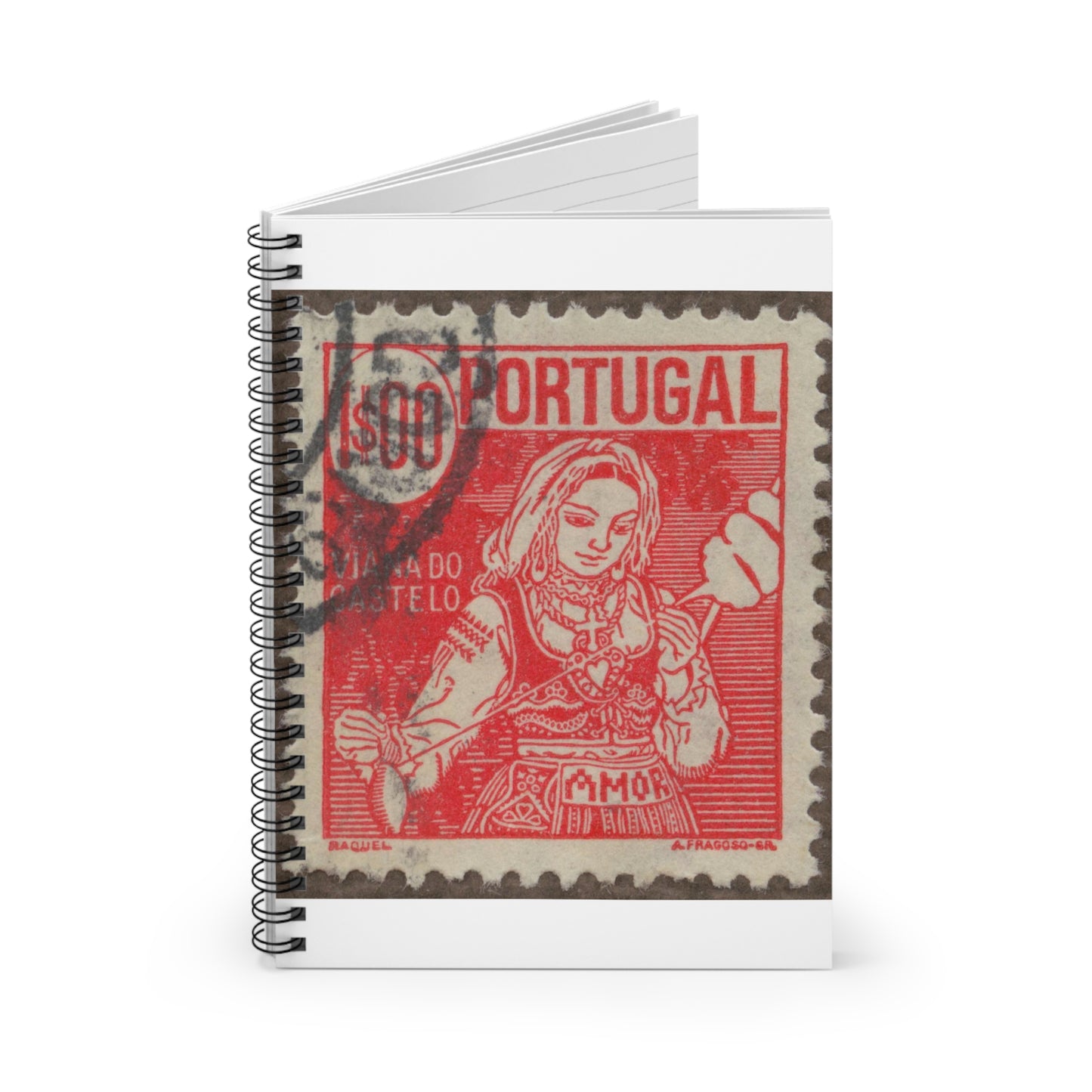 Frimärke ur Gösta Bodmans filatelistiska motivsamling, påbörjad 1950.Frimärke frånPortugal, 1941. Motiv av garnspinnande med slända. "Kvinna från Viana do Castelo". Spiral Bound Ruled Notebook with Printed Cover