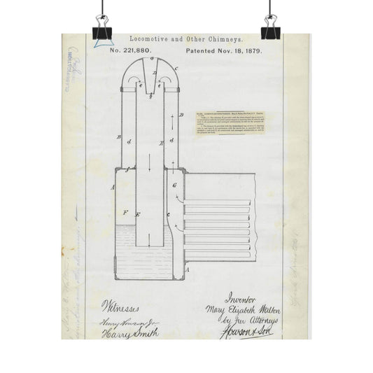 Patent Drawing of Engine - for M. E. Walton's Locomotive and Other Chimneys Public domain  image High Quality Matte Wall Art Poster for Home, Office, Classroom