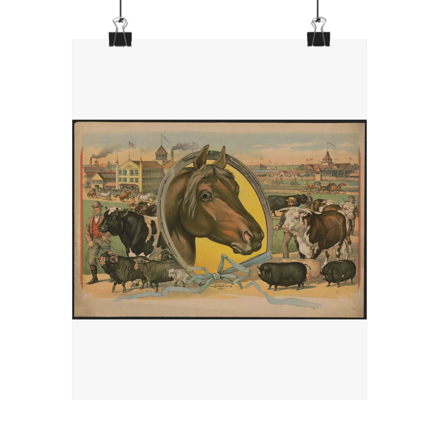 Horse framed by a horseshoe with fair buildings and a racetrack in the background High Quality Matte Wall Art Poster for Home, Office, Classroom