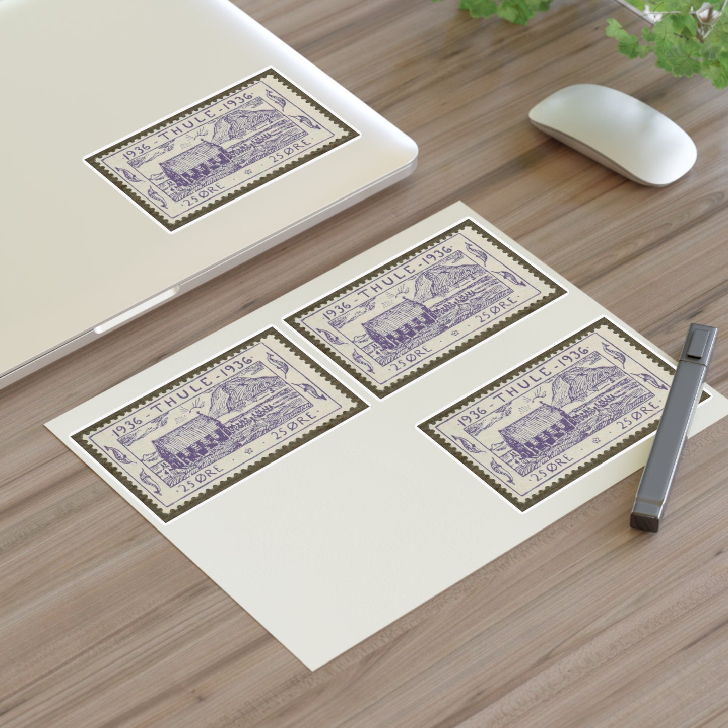 Frimärke ur Gösta Bodmans filatelistiska motivsamling, påbörjad 1950.Motiv av byggnad i Thule-kolonien, Nordvästra Grönlamd, 1936. Laminated UV Protective Vinyl Stickers
