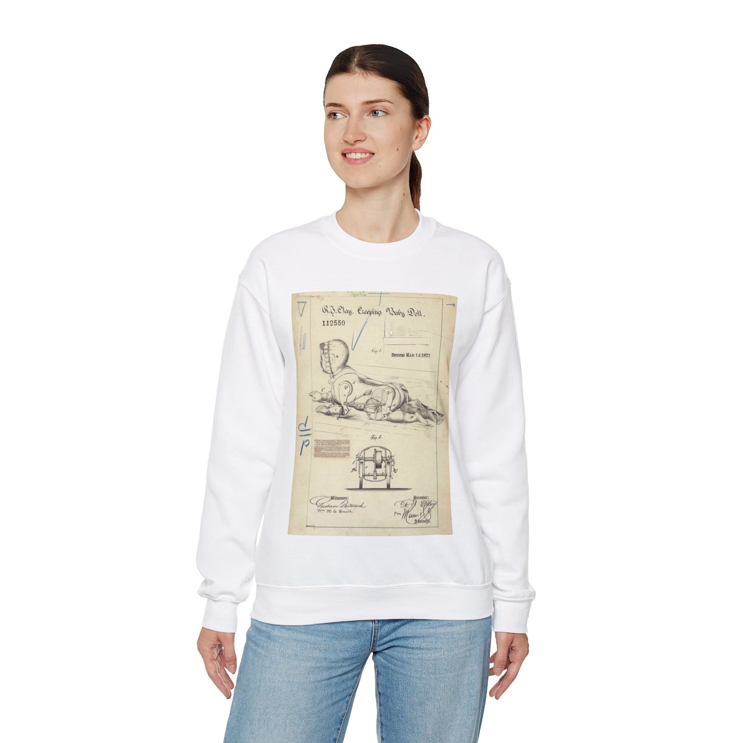 Patent drawing - Drawing of Creeping Baby Doll Public domain  image White Heavy Blend Adult Crew Neck SweatShirt