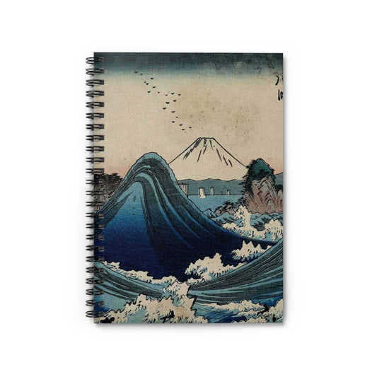 Mount Fuji seen through the waves at Manazato no hama, in the Izu Penisula, south of the mountain. Colour woodcut by Hiroshige, 1852 Spiral Bound Ruled Notebook with Printed Cover