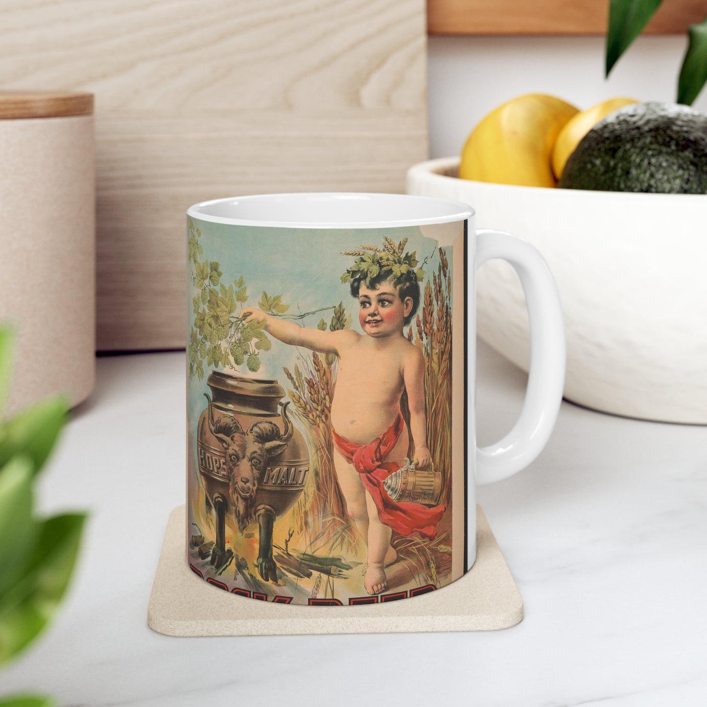 Bock beer boy standing to the right of a vat, which is inscribed hops malt, holding hops over the vat Beautiful Novelty Ceramic Coffee Mug 11oz