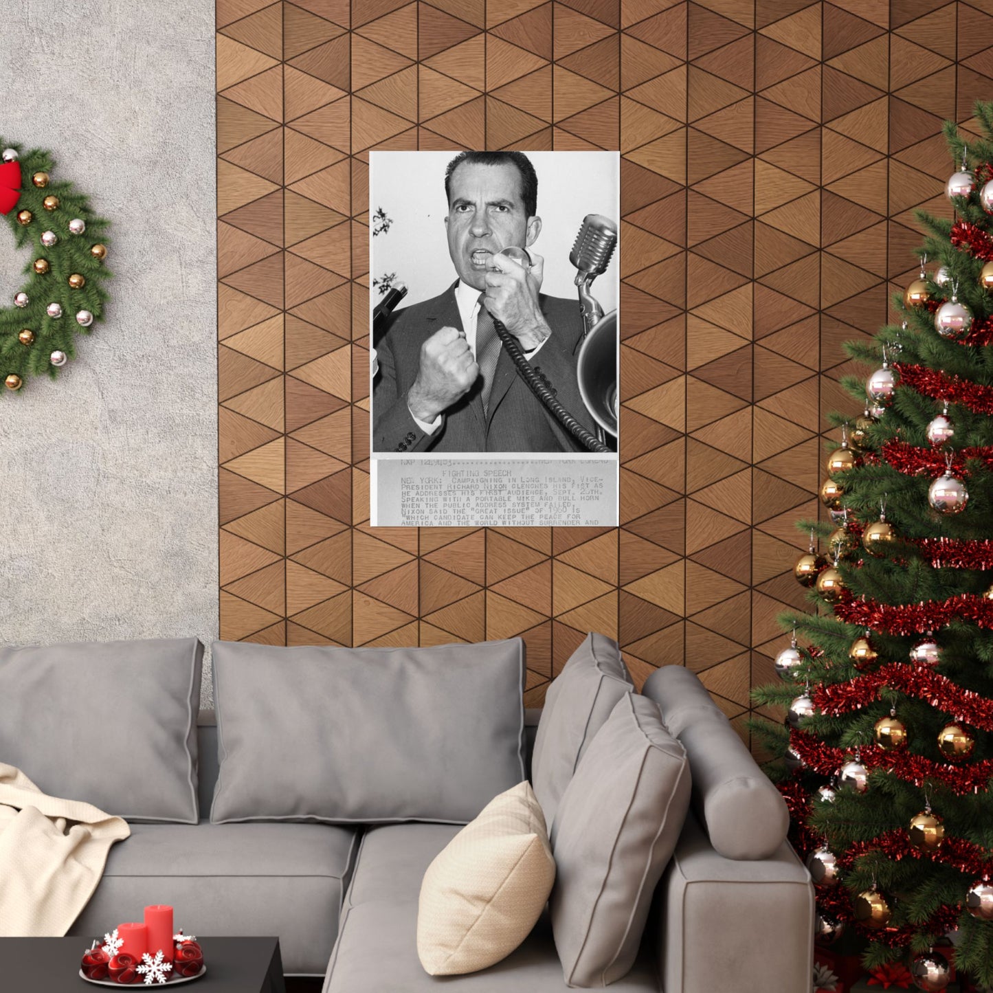 Richard Nixon clinches his fist as he addresses his first audience in Long Island, New York High Quality Matte Wall Art Poster for Home, Office, Classroom