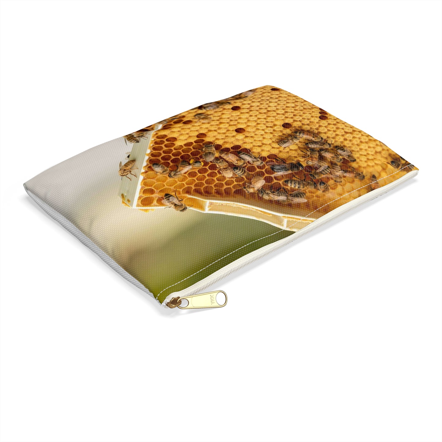 Honey bees transfer pollen to a honeycomb cell. Bee Large Organizer Pouch with Black Zipper