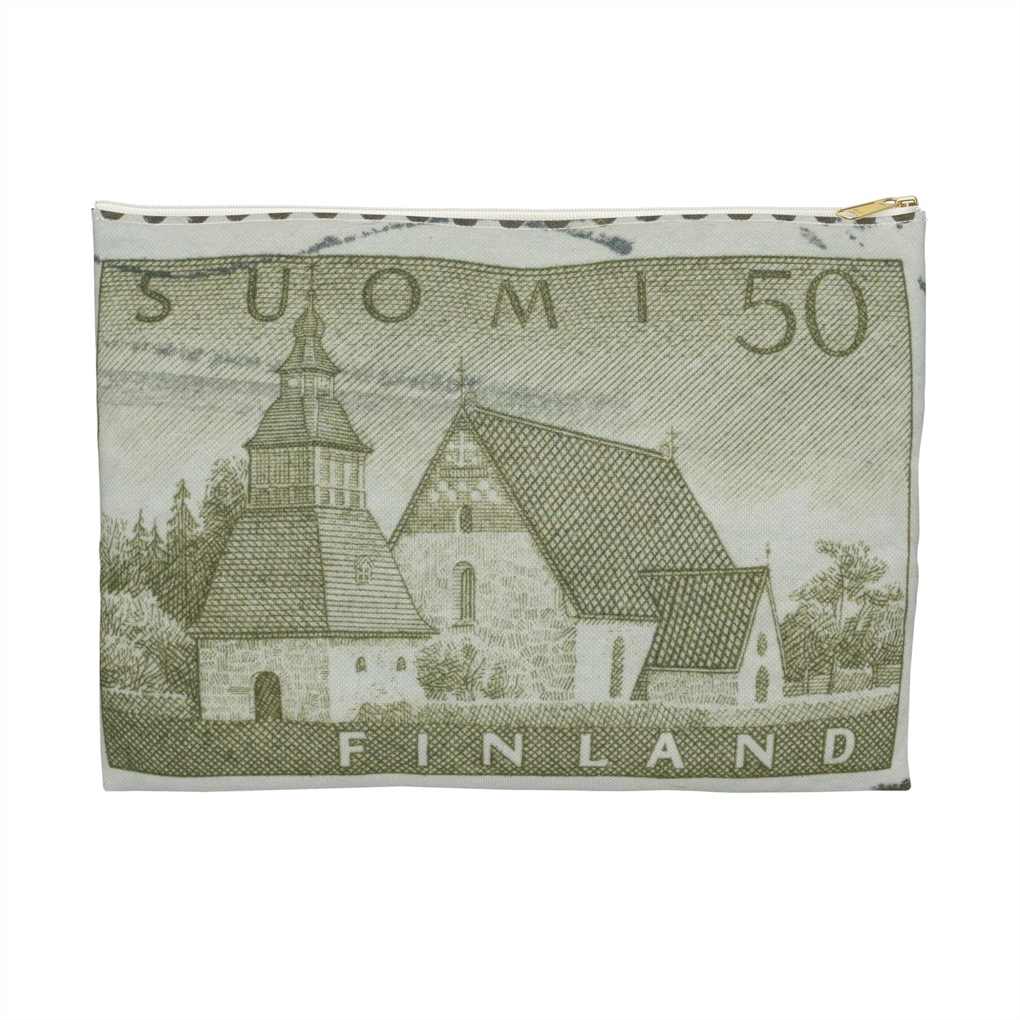 Frimärke ur Gösta Bodmans filatelistiska motivsamling, påbörjad 1950.Frimärke från Finland, 1957. Motiv av Lammi Kyrka med stigport och klockstapel. Large Organizer Pouch with Black Zipper