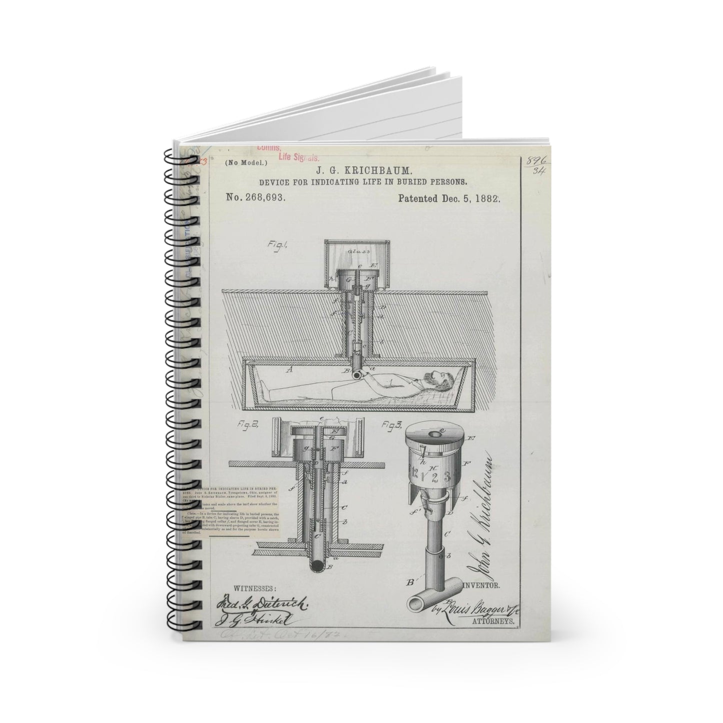 Patent drawing - for J. G. Krichbaum's Device for Indicating Life in Buried Persons Public domain  image Spiral Bound Ruled Notebook with Printed Cover