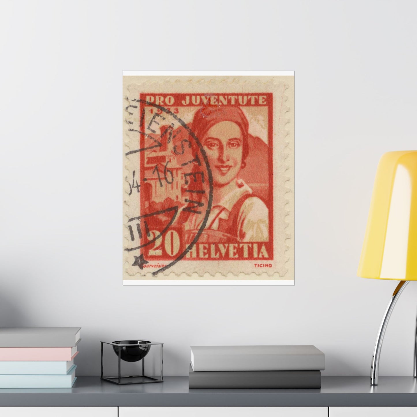 Frimärke ur Gösta Bodmans filatelistiska motivsamling, påbörjad 1950.Frimärke från Schweiz, 1933. Motiv av kvinnodräkt, Tessin. High Quality Matte Wall Art Poster for Home, Office, Classroom