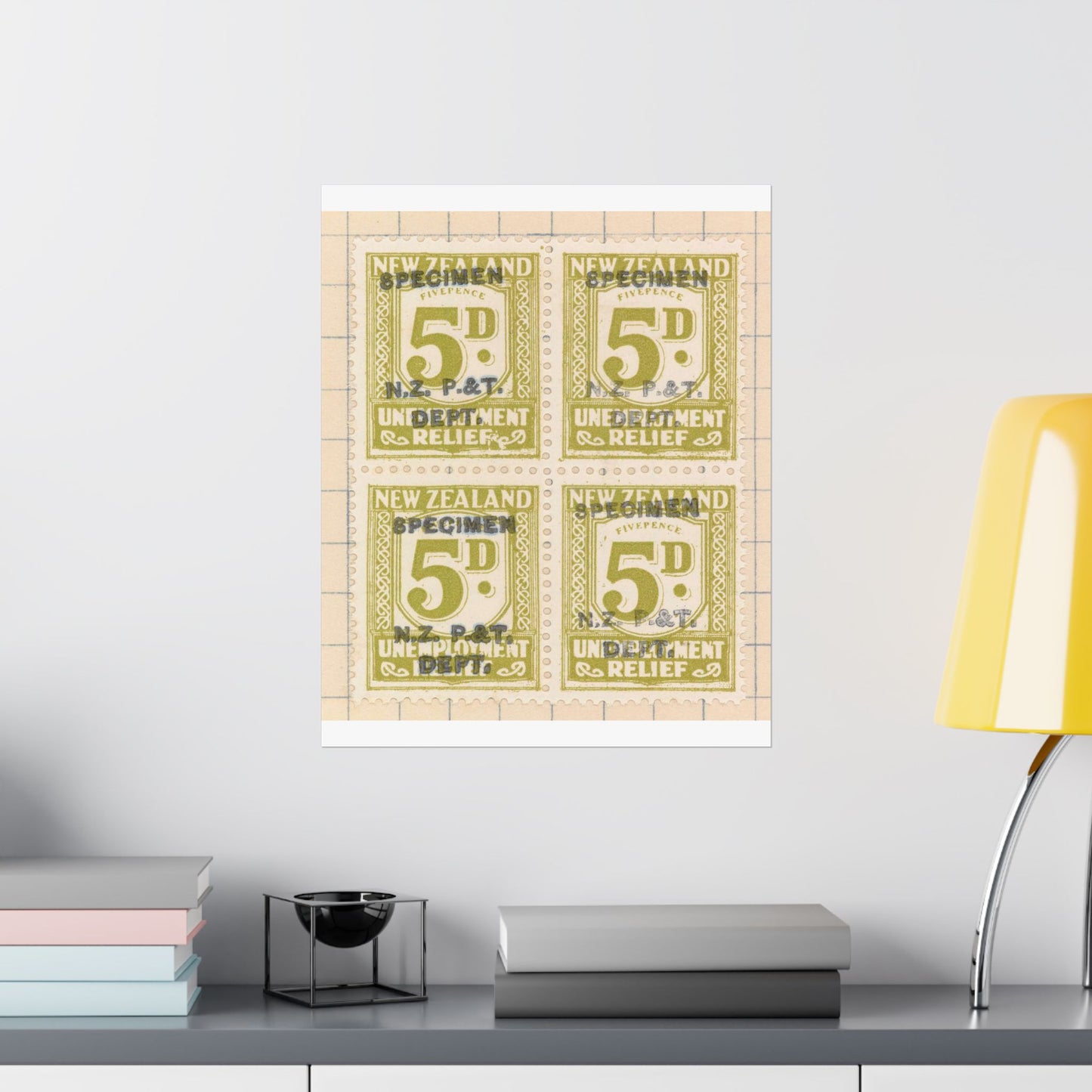 Block of five penny Unemployment Relief stamps overprinted 'Specimen' High Quality Matte Wall Art Poster for Home, Office, Classroom