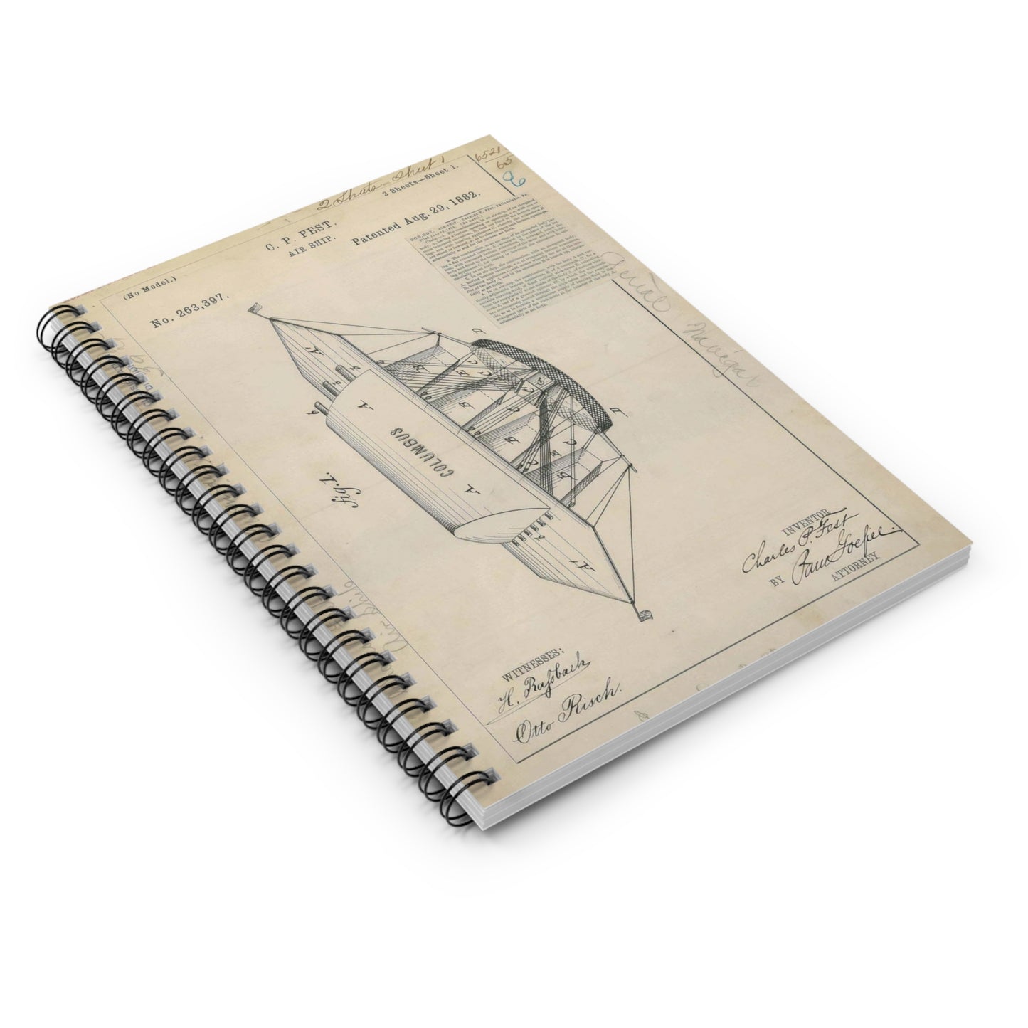 Patent drawing - for C. P. Fest's Air Ship Public domain  image Spiral Bound Ruled Notebook with Printed Cover