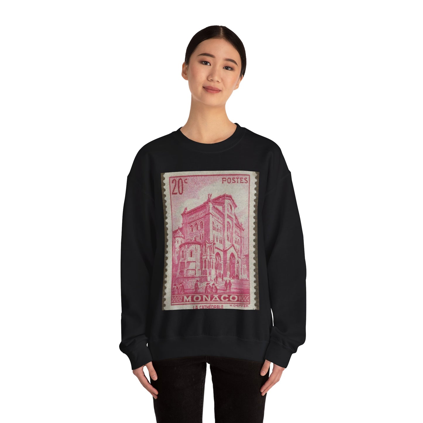 Frimärke ur Gösta Bodmans filatelistiska motivsamling, påbörjad 1950.Frimärke från Monaco, 1939. Motiv av katedralen i Monaco. Black Heavy Blend Adult Crew Neck SweatShirt