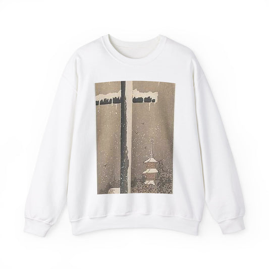 Koson - torii-and-crow-in-the-snow, Ohara Koson White Heavy Blend Adult Crew Neck SweatShirt