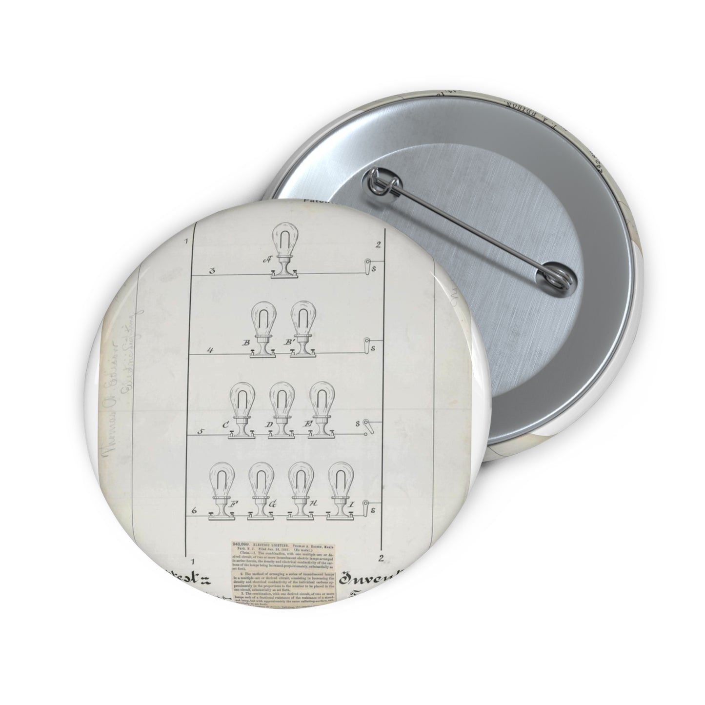 Patent drawing - for T. A. Edison's Electric Lighting Public domain  image Pin Buttons with Crisp Design