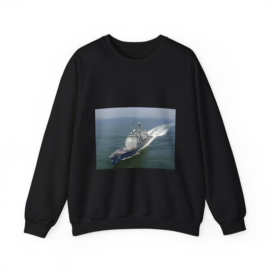 Aerial port bow view of the guided missile cruiser USS GETTYSBURG (CG 64) underway off Fort Story, Virginia Black Heavy Blend Adult Crew Neck SweatShirt