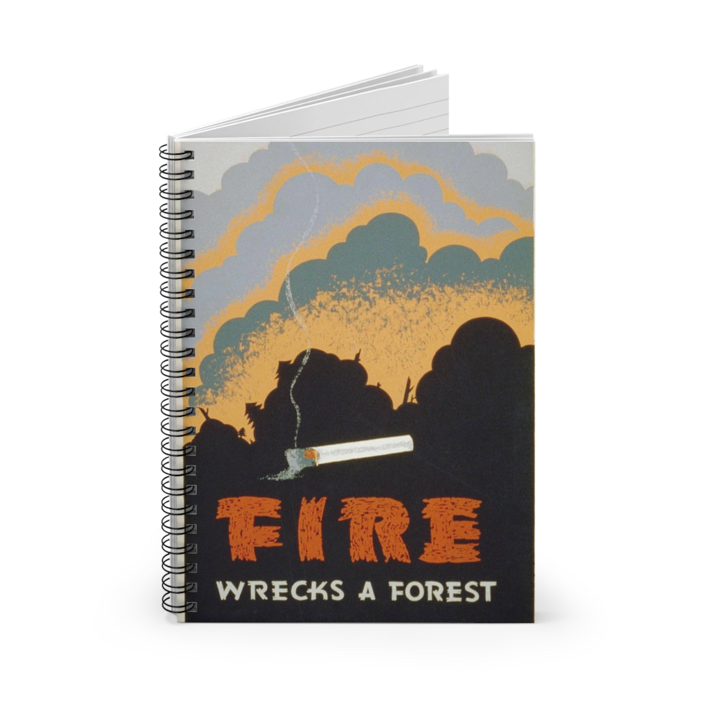 Fire wrecks a forest, Art Deco Poster Spiral Bound Ruled Notebook with Printed Cover