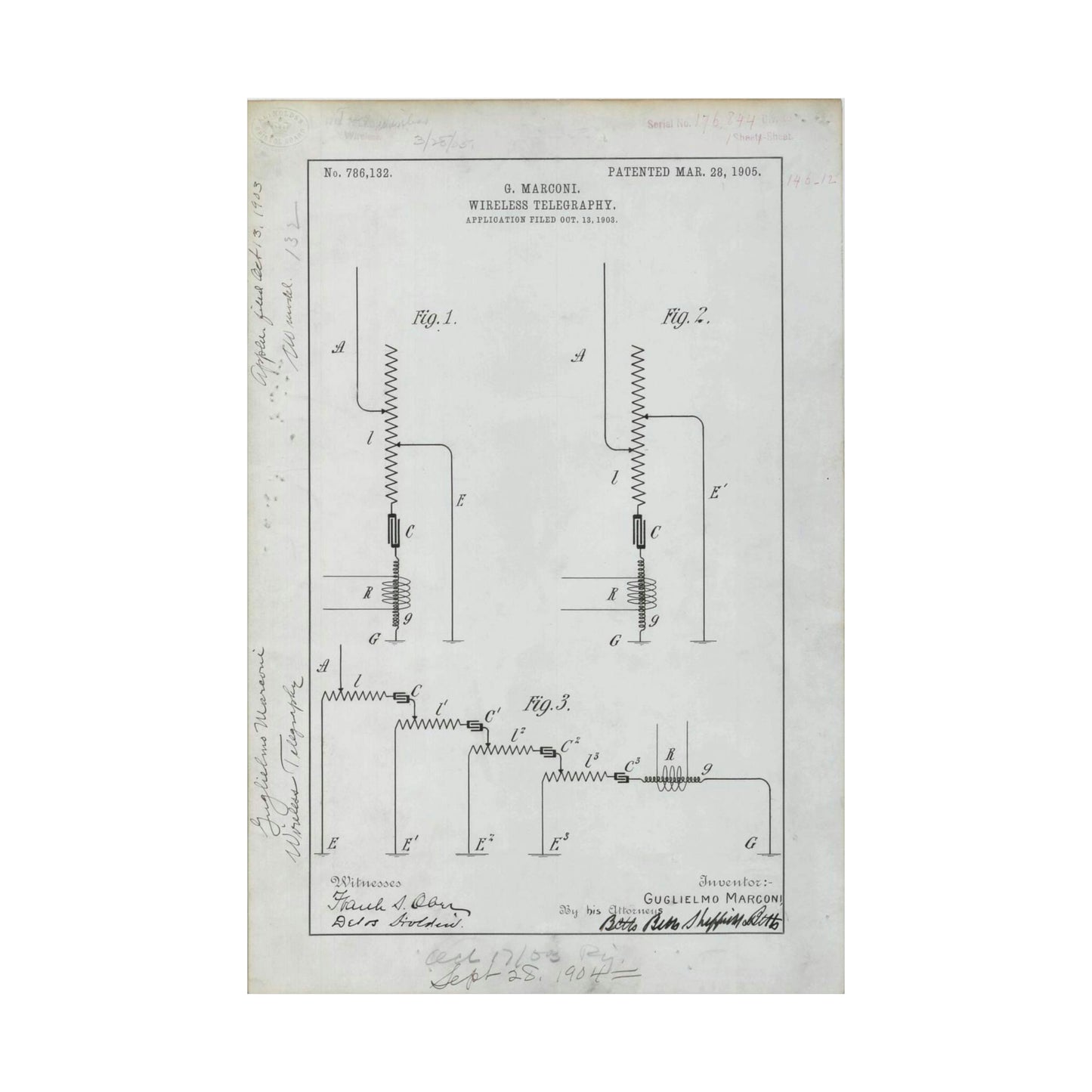 Patent drawing - for G. Marconi's Wireless Telegraphy Public domain  image High Quality Matte Wall Art Poster for Home, Office, Classroom