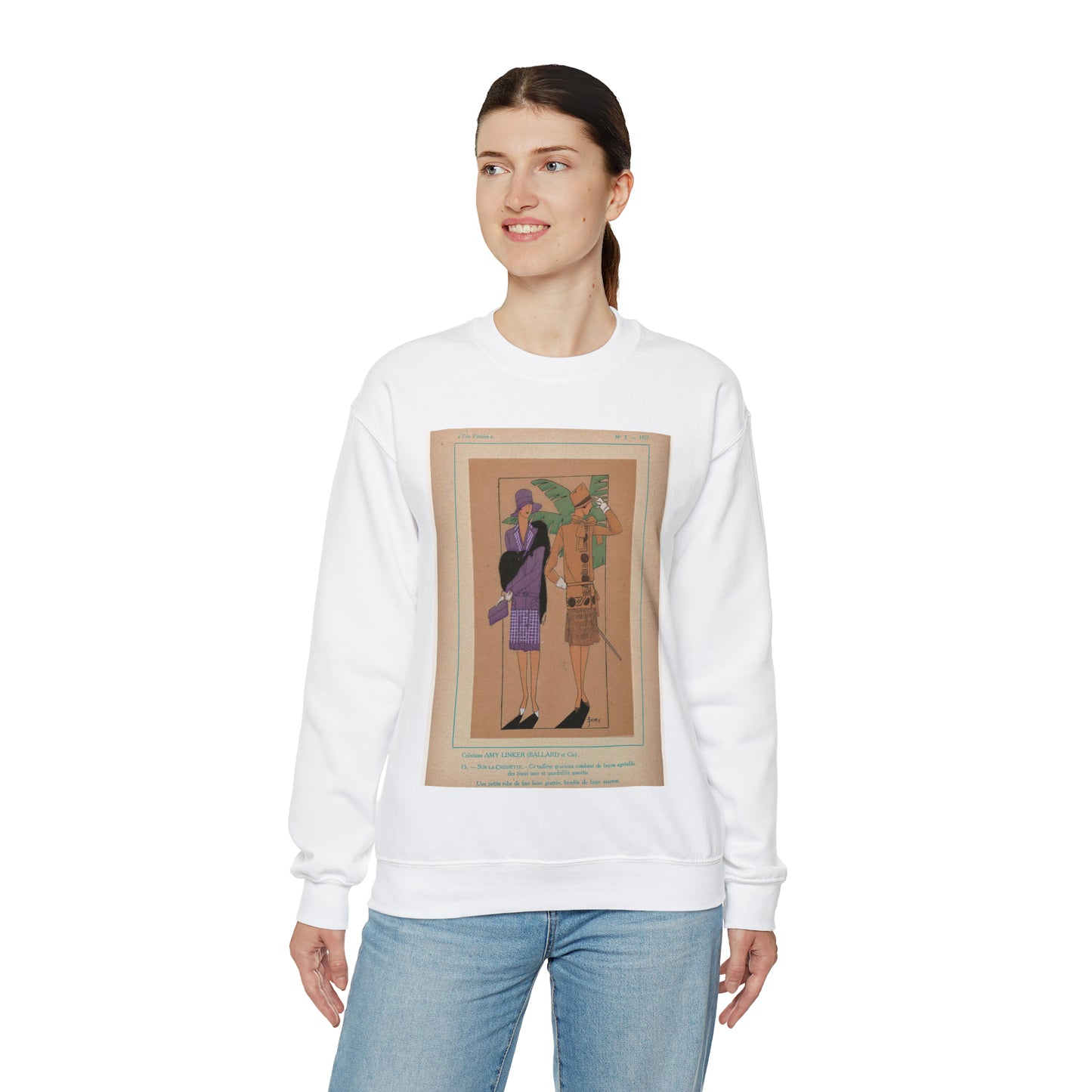 Très Parisien, 1927, No. 3, Pl. 15: Créations AMY LINKER (BALLARD et Cie) - SUR LA CROISETTE White Heavy Blend Adult Crew Neck SweatShirt