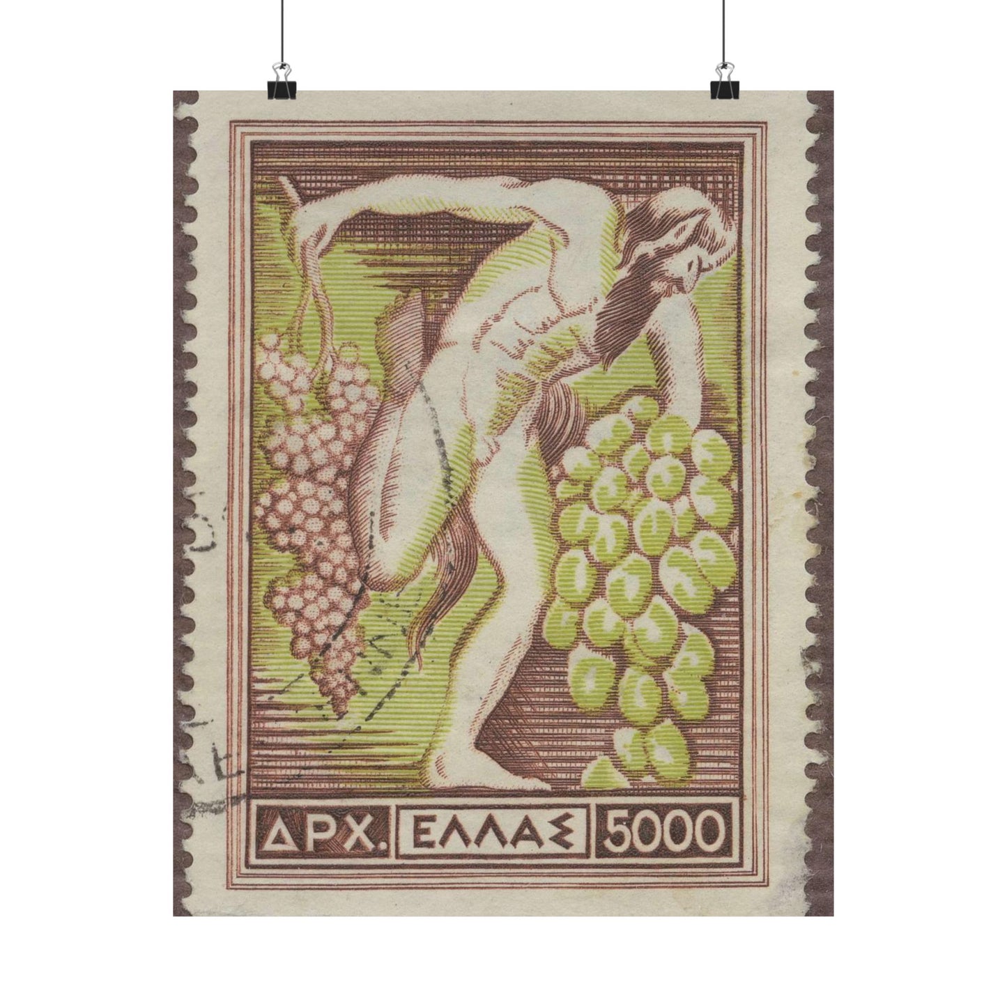 Frimärke ur Gösta Bodmans filatelistiska motivsamling, påbörjad 1950.Frimärke från Grekland, 1953. Motiv av Bacchus med vindruvsklasar. High Quality Matte Wall Art Poster for Home, Office, Classroom