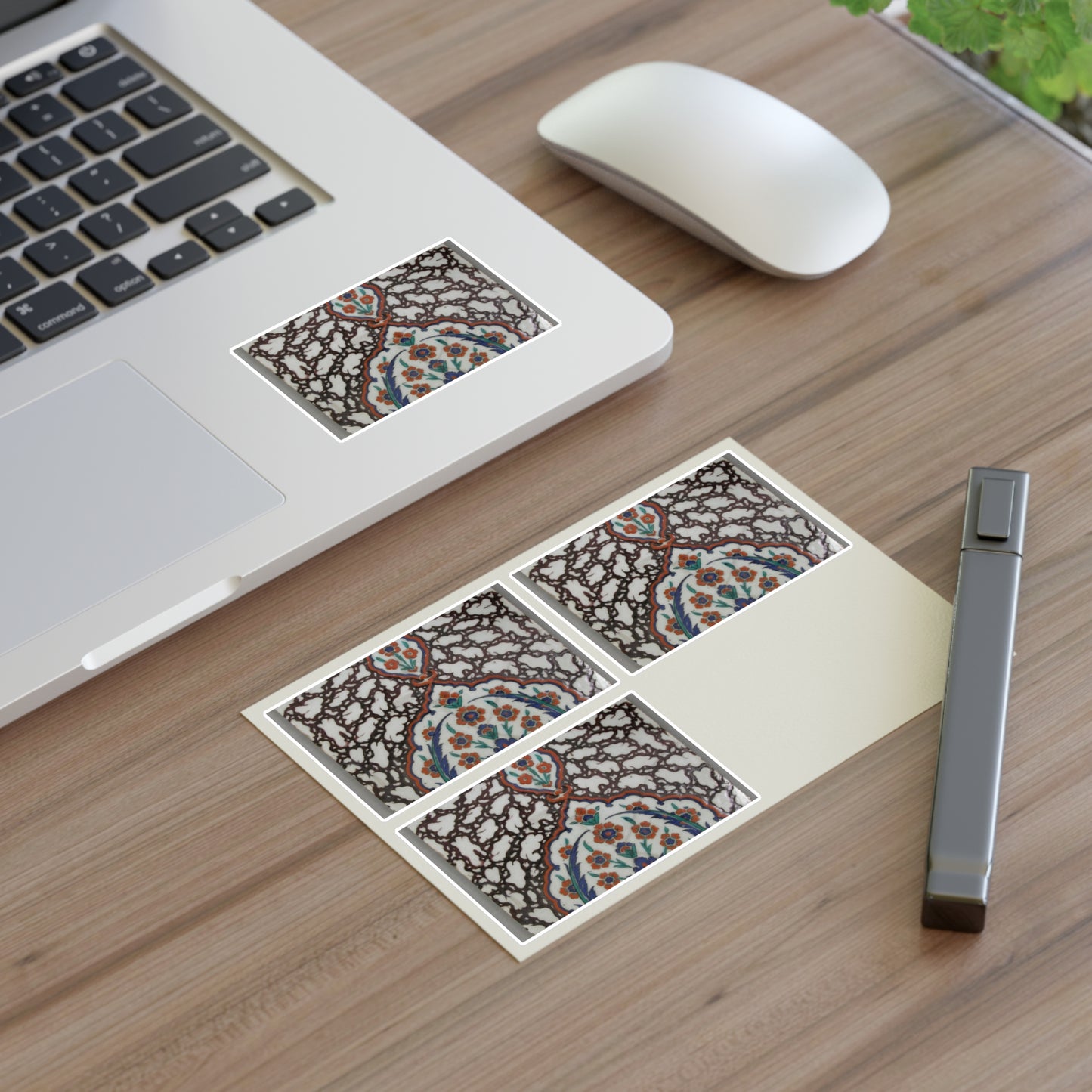 Tile with Floral Cartouche Design on Ebru (Marble Imitation Pattern) Background Laminated UV Protective Vinyl Stickers