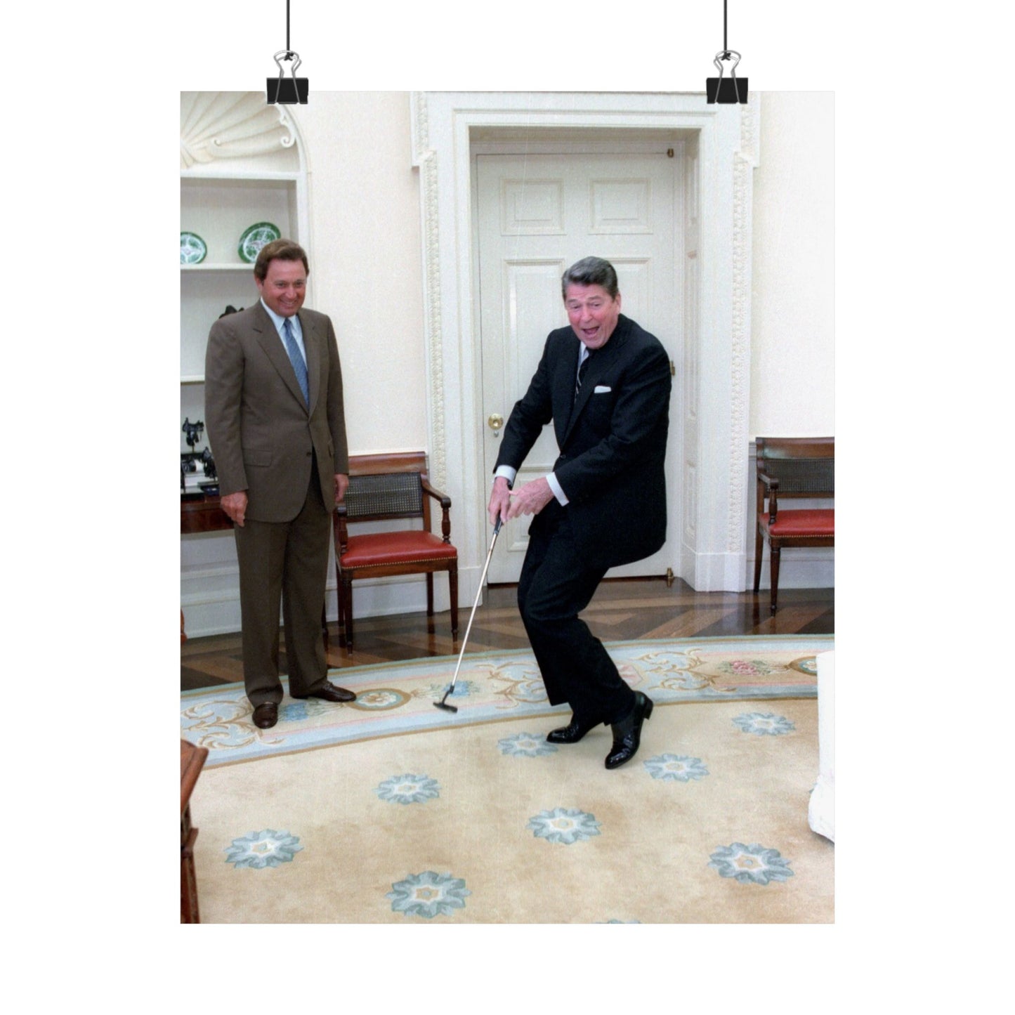 President Ronald Reagan Putting a Golf Ball with Raymond Floyd Looking on in the Oval Office High Quality Matte Wall Art Poster for Home, Office, Classroom