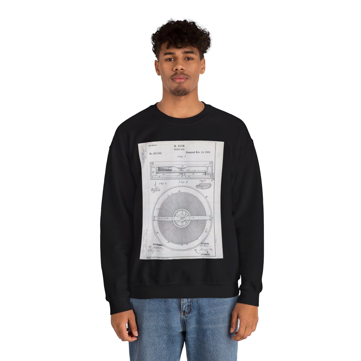 Patent Drawing of Engine - for M. Boom's Music Box Public domain  image Black Heavy Blend Adult Crew Neck SweatShirt